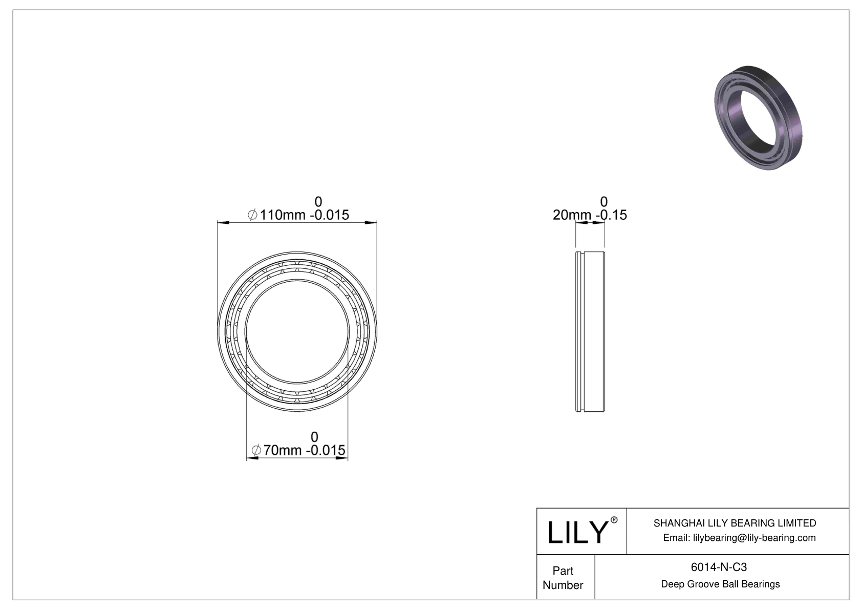 6014-N-C3 Deep Groove Ball Bearings (6000, 6200, 6300, 6400) cad drawing