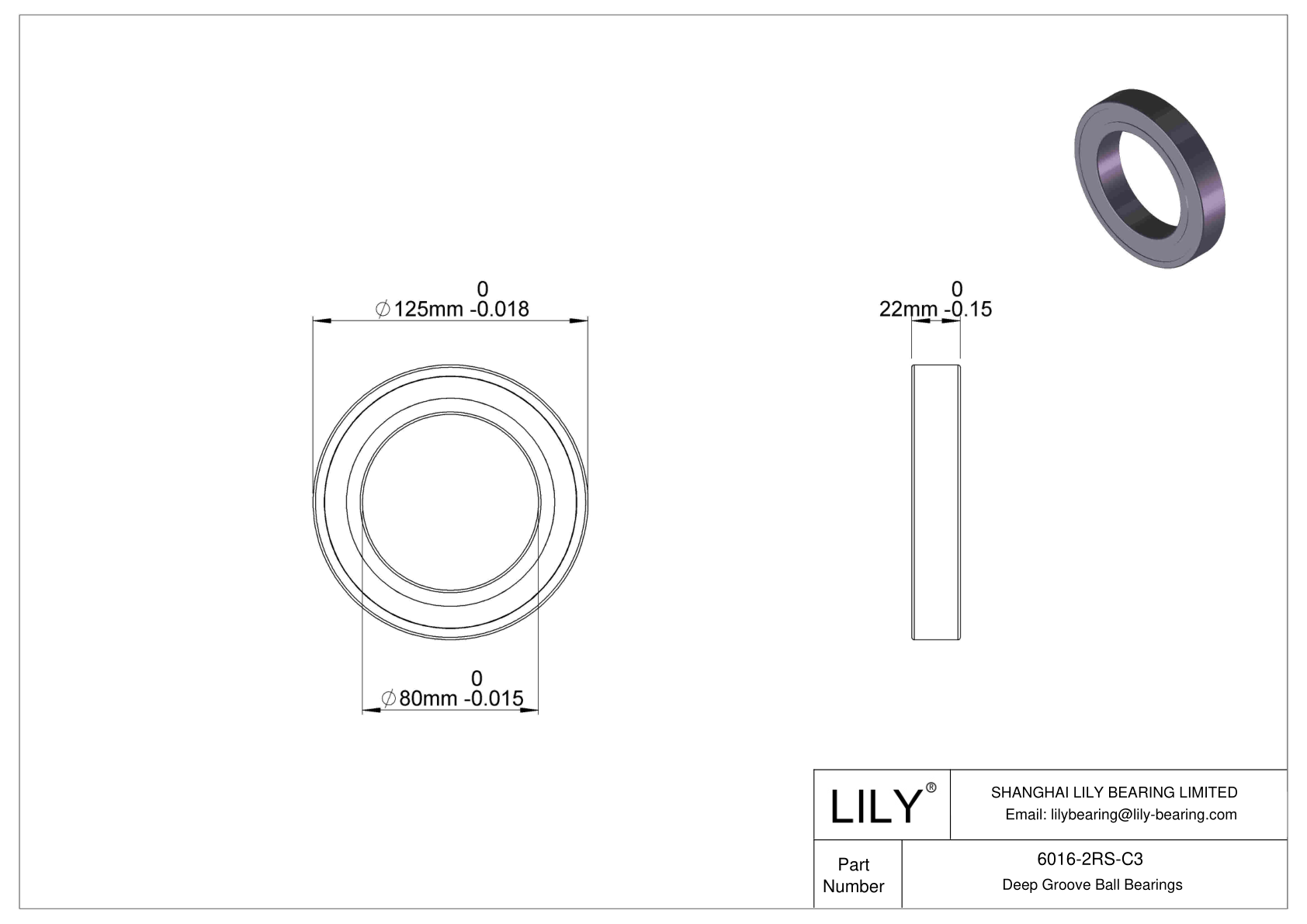 6016-2RS-C3 Deep Groove Ball Bearings (6000, 6200, 6300, 6400) cad drawing