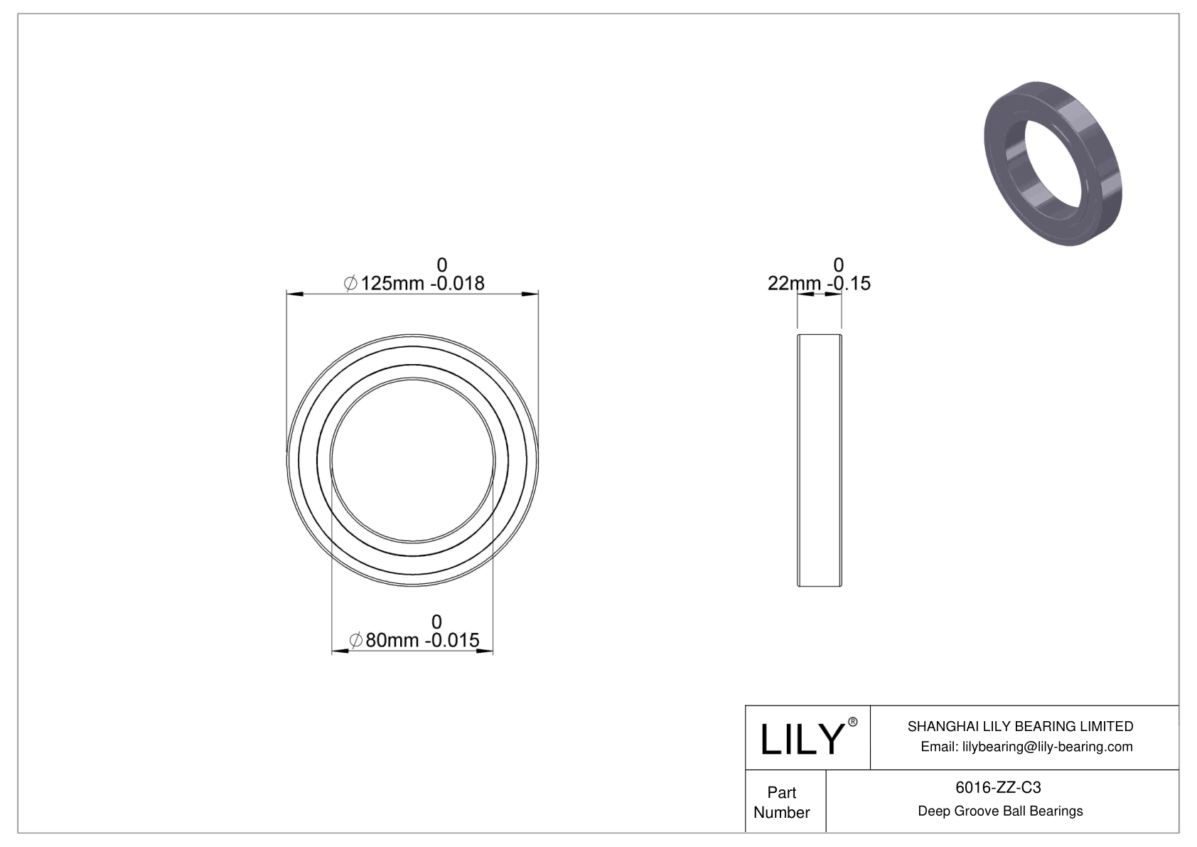 6016-ZZ-C3 Deep Groove Ball Bearings (6000, 6200, 6300, 6400) cad drawing