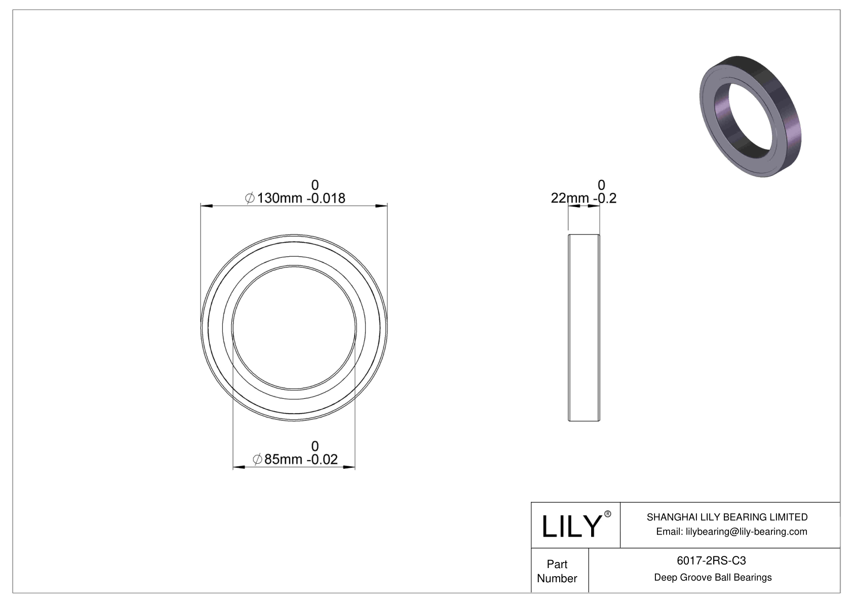 6017-2RS-C3 Deep Groove Ball Bearings (6000, 6200, 6300, 6400) cad drawing