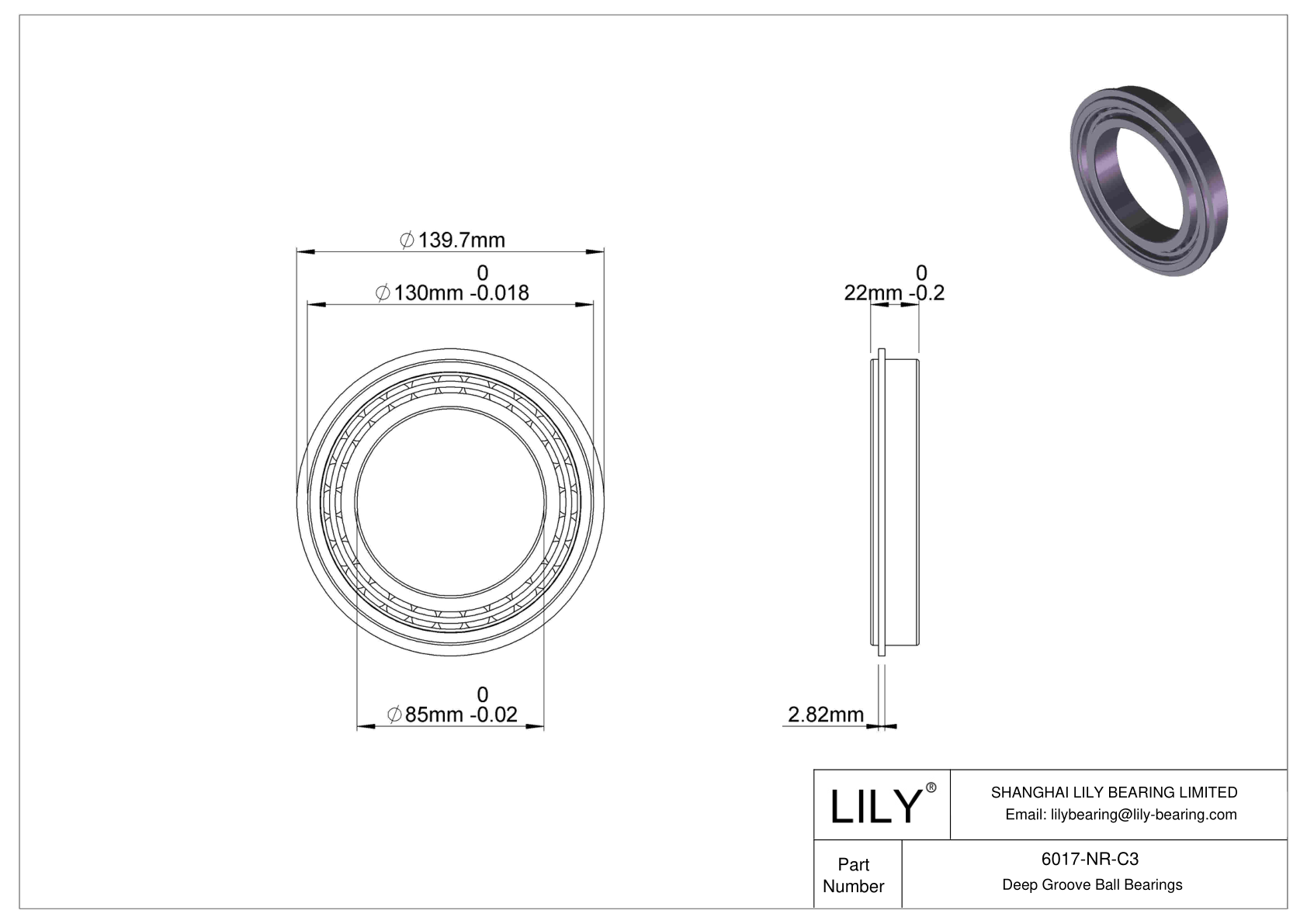 6017-NR-C3 Deep Groove Ball Bearings (6000, 6200, 6300, 6400) cad drawing