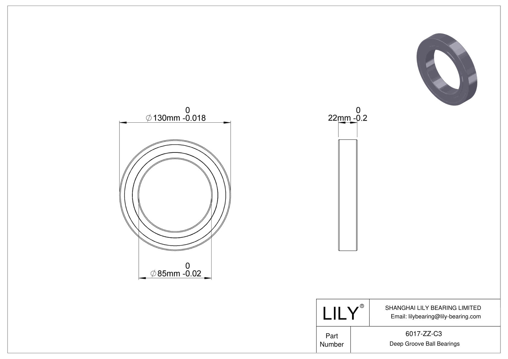 6017-ZZ-C3 Deep Groove Ball Bearings (6000, 6200, 6300, 6400) cad drawing