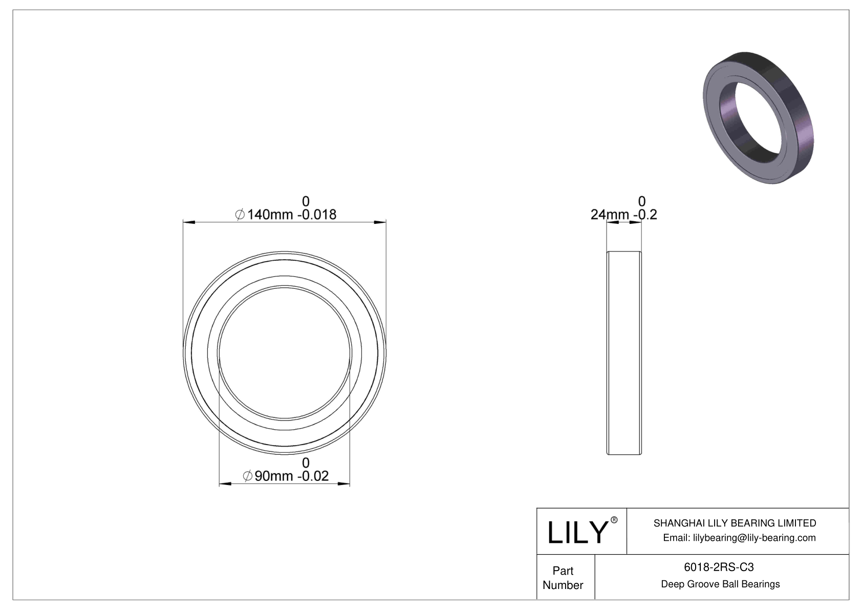 6018-2RS-C3 Deep Groove Ball Bearings (6000, 6200, 6300, 6400) cad drawing