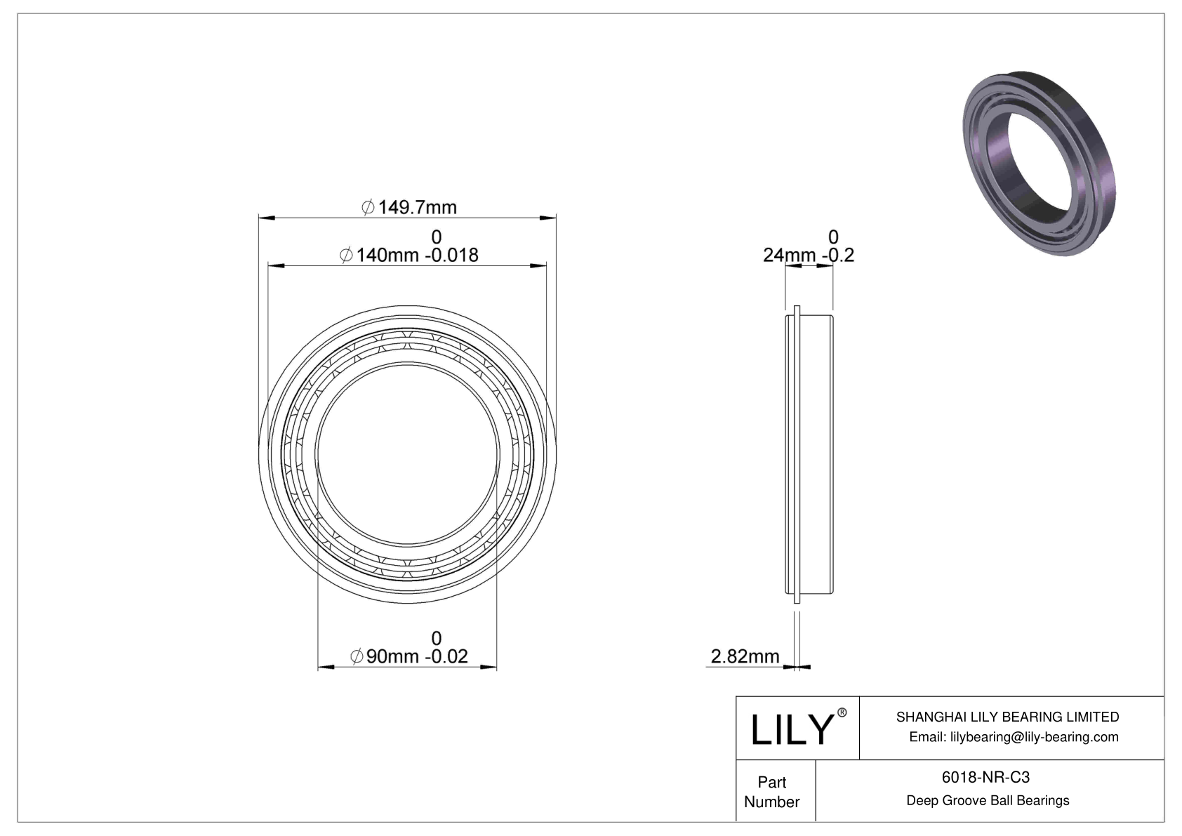 6018-NR-C3 Deep Groove Ball Bearings (6000, 6200, 6300, 6400) cad drawing