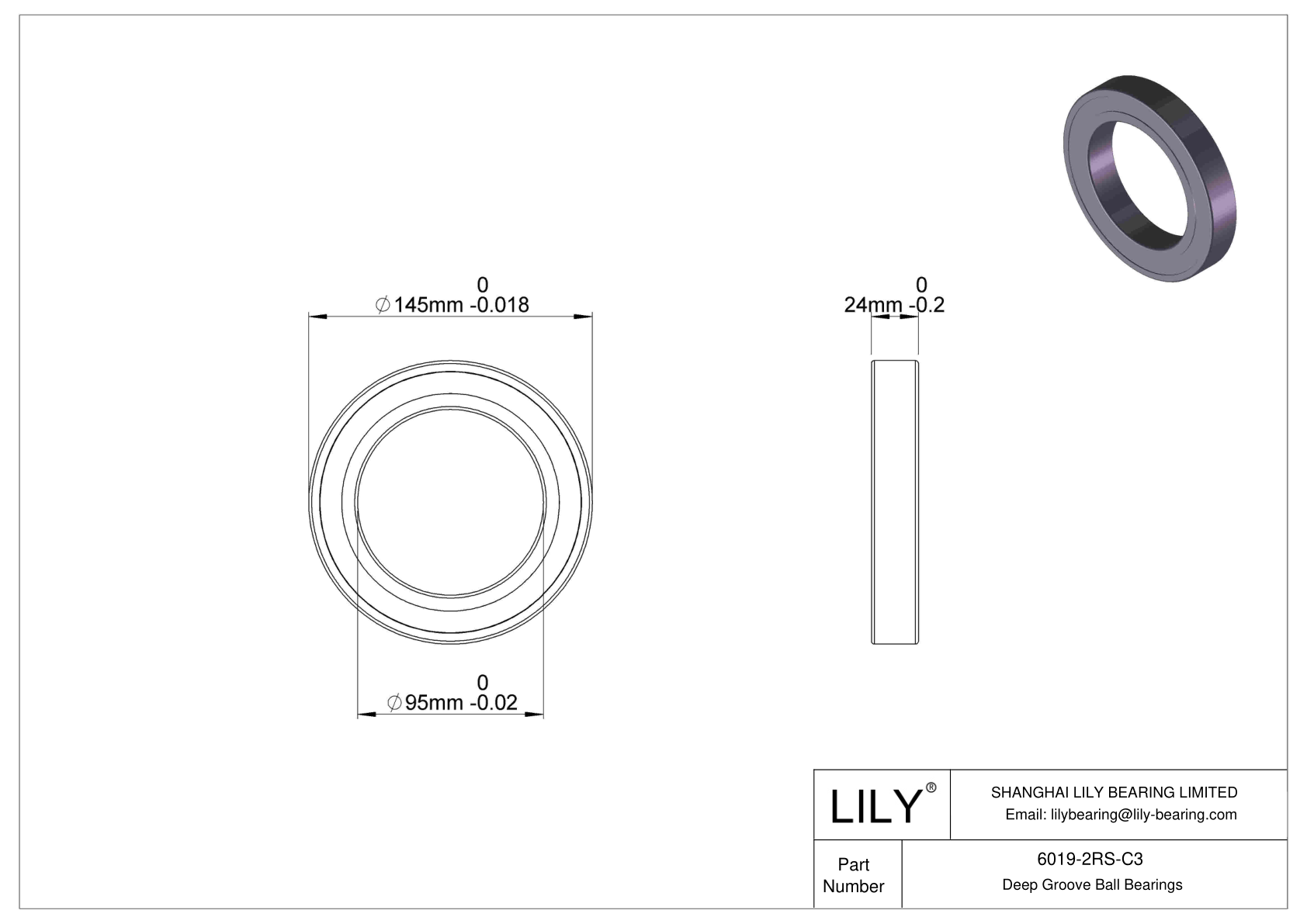 6019-2RS-C3 Deep Groove Ball Bearings (6000, 6200, 6300, 6400) cad drawing