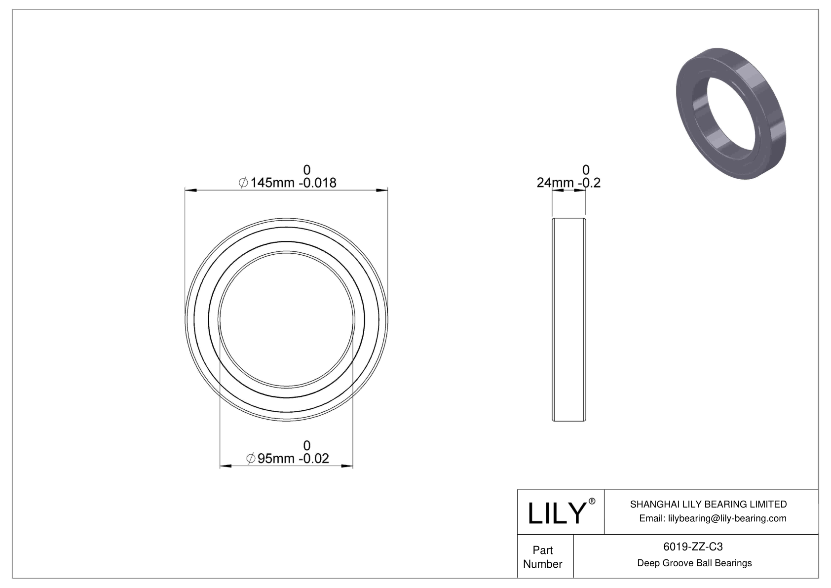 6019-ZZ-C3 Deep Groove Ball Bearings (6000, 6200, 6300, 6400) cad drawing