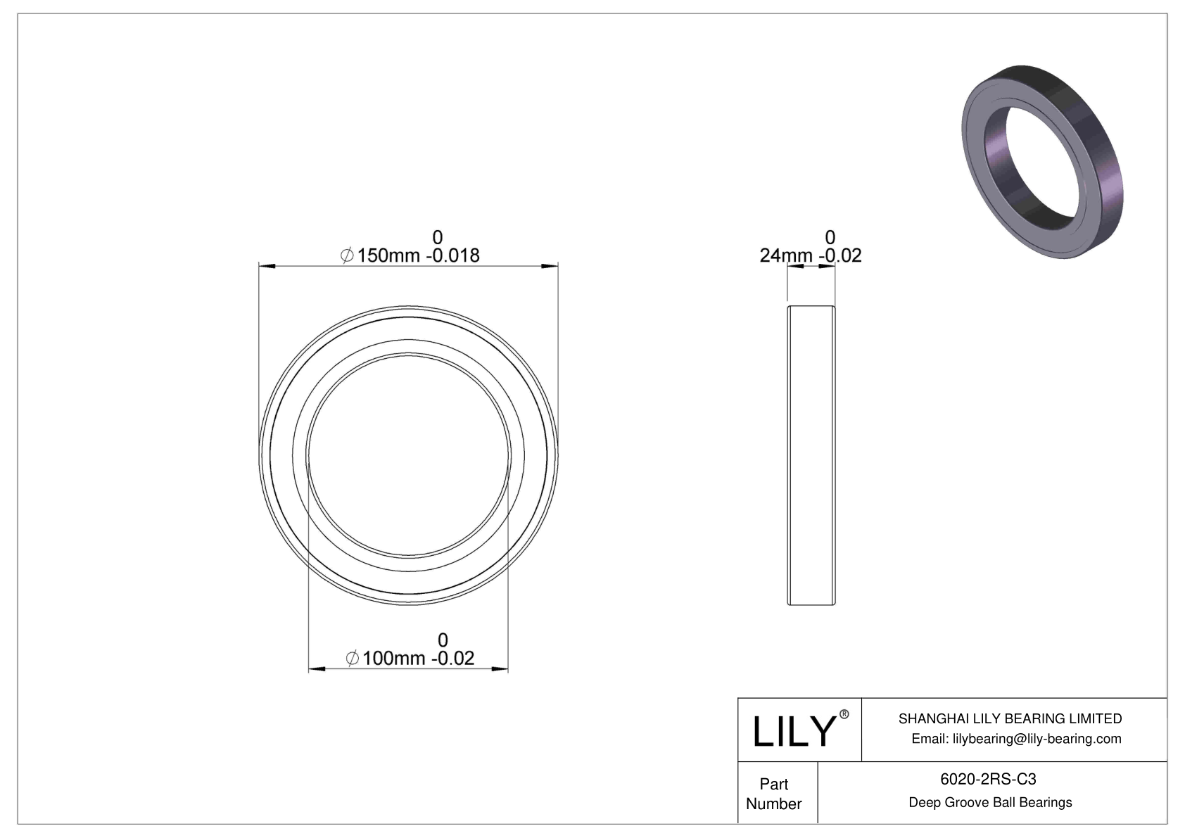 6020-2RS-C3 Deep Groove Ball Bearings (6000, 6200, 6300, 6400) cad drawing