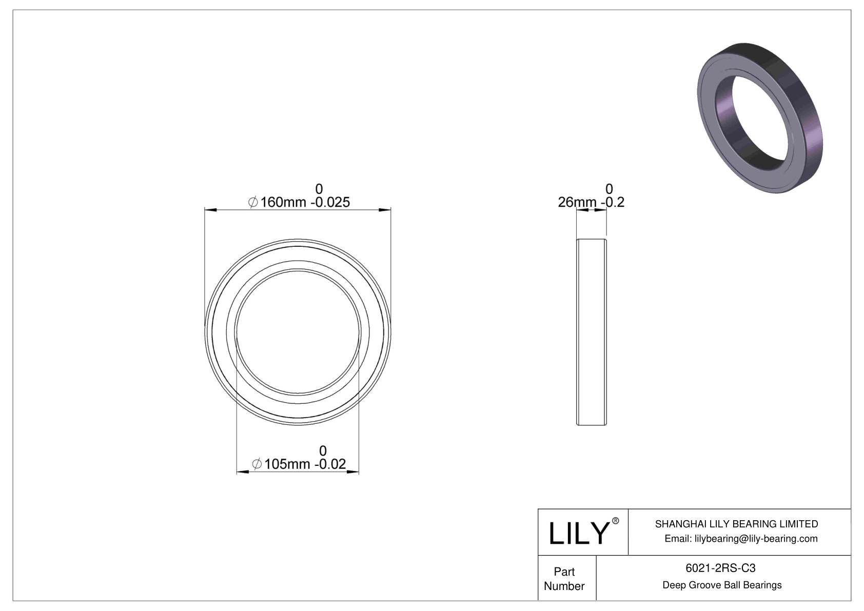 6021-2RS-C3 Deep Groove Ball Bearings (6000, 6200, 6300, 6400) cad drawing