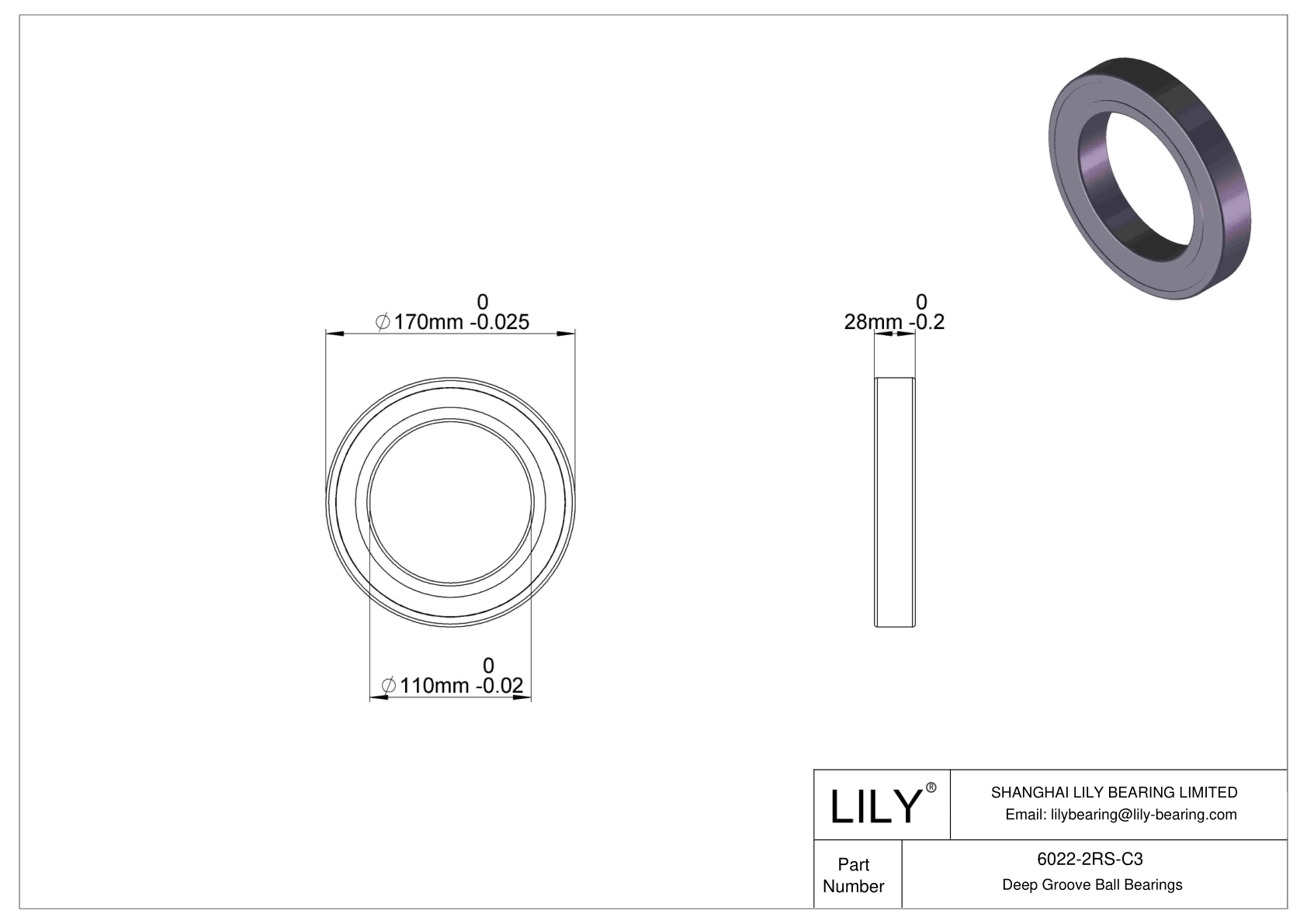 6022-2RS-C3 Deep Groove Ball Bearings (6000, 6200, 6300, 6400) cad drawing