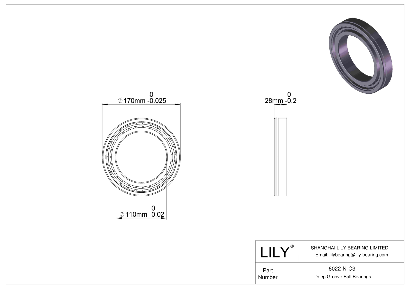 6022-N-C3 Deep Groove Ball Bearings (6000, 6200, 6300, 6400) cad drawing