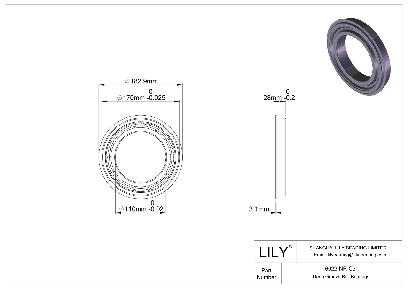 6022-NR-C3 Deep Groove Ball Bearings (6000, 6200, 6300, 6400) cad drawing