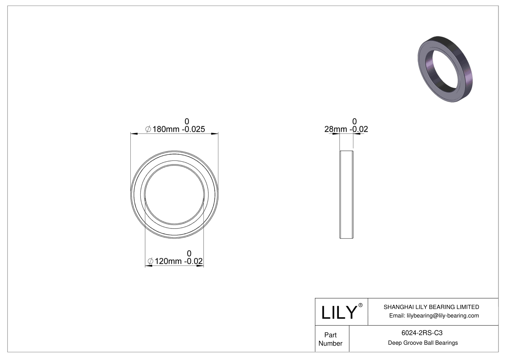 6024-2RS-C3 Deep Groove Ball Bearings (6000, 6200, 6300, 6400) cad drawing