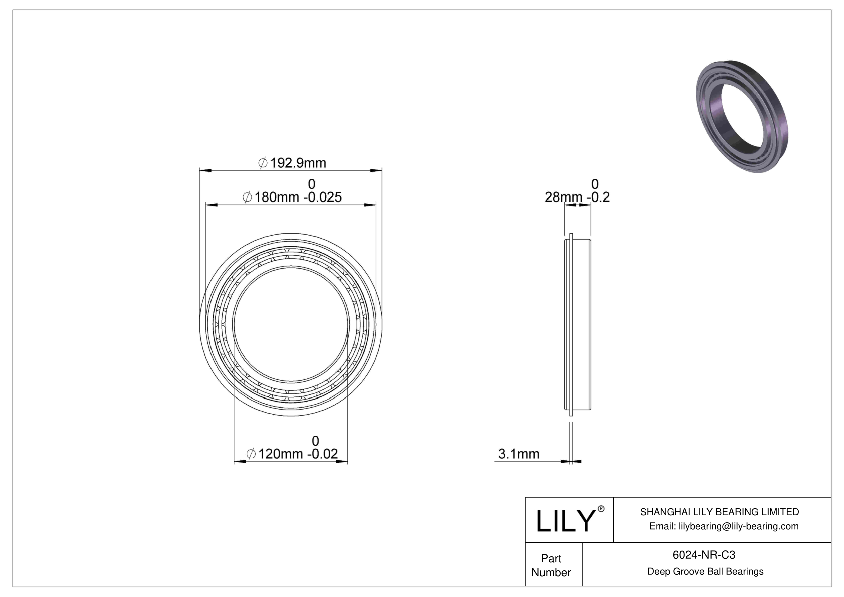 6024-NR-C3 Deep Groove Ball Bearings (6000, 6200, 6300, 6400) cad drawing