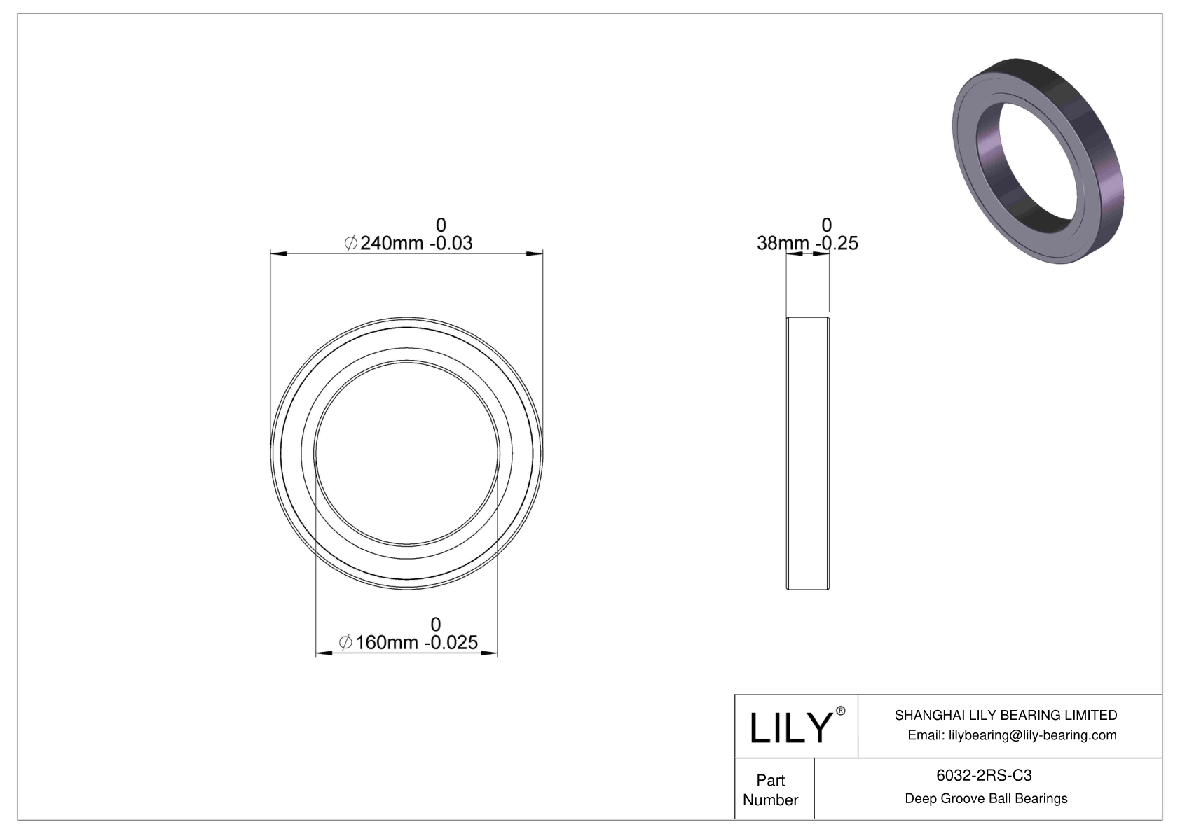 6032-2RS-C3 Deep Groove Ball Bearings (6000, 6200, 6300, 6400) cad drawing