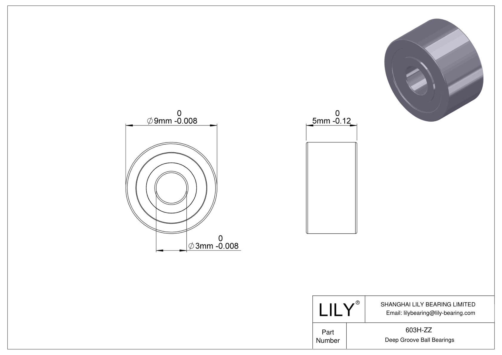 603H-ZZ Corrosion Resistant Deep Groove Ball Bearings cad drawing