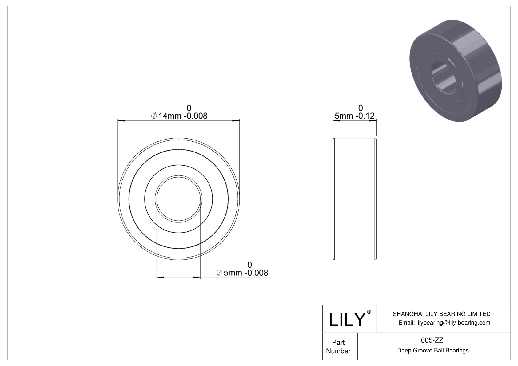 605-ZZ Miniature Ball Bearings (600, 610, 620, 630) cad drawing