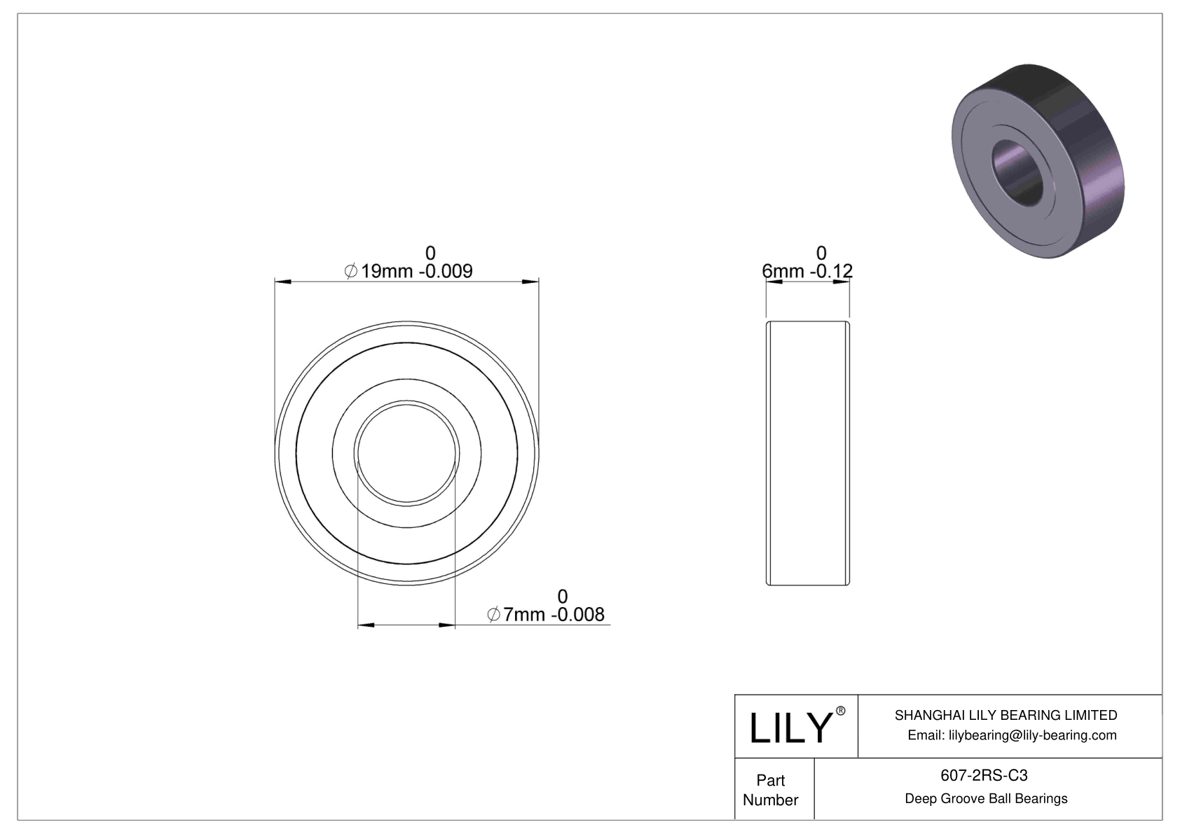 607-2RS-C3 Miniature Ball Bearings (600, 610, 620, 630) cad drawing