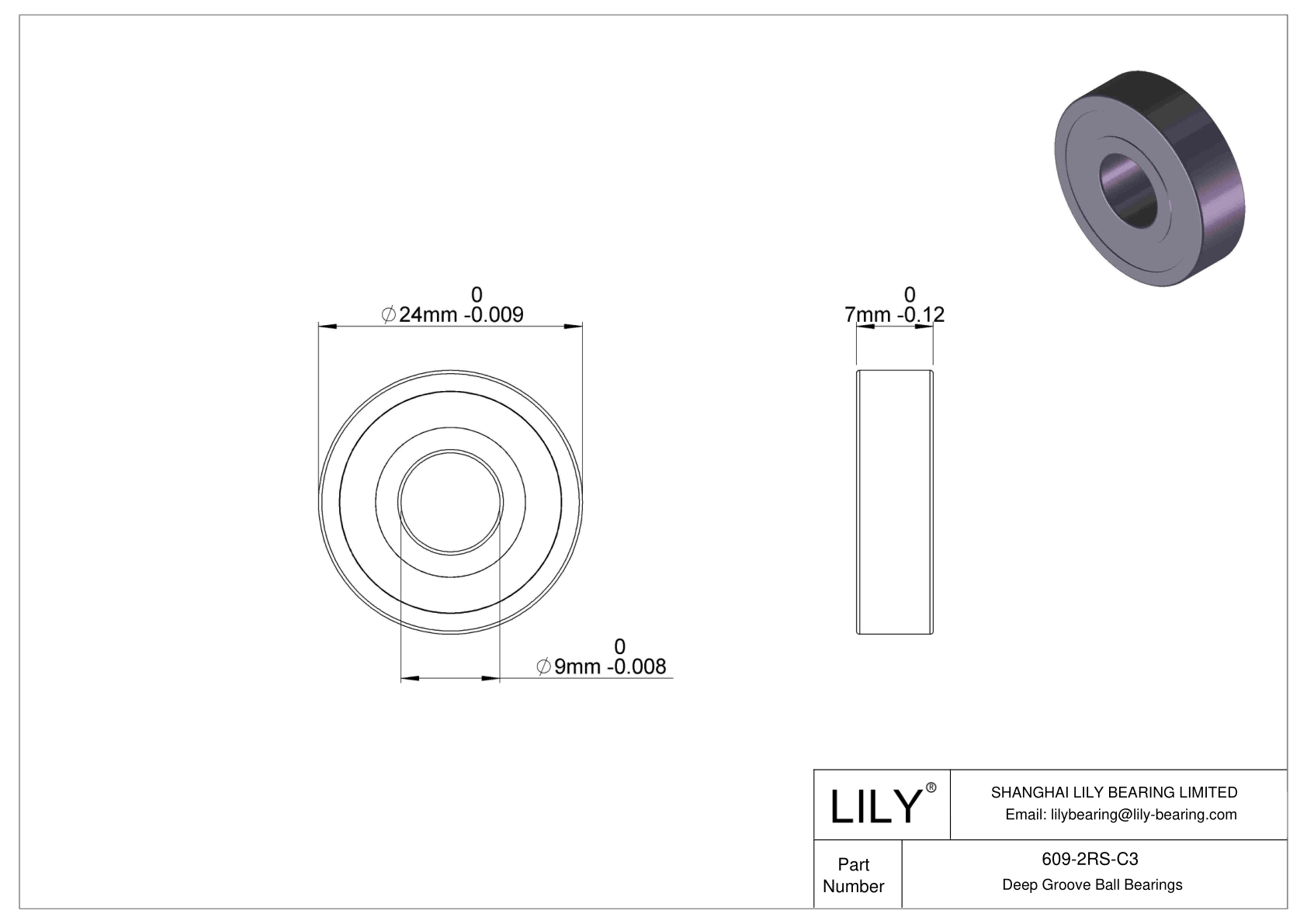 609-2RS-C3 Miniature Ball Bearings (600, 610, 620, 630) cad drawing