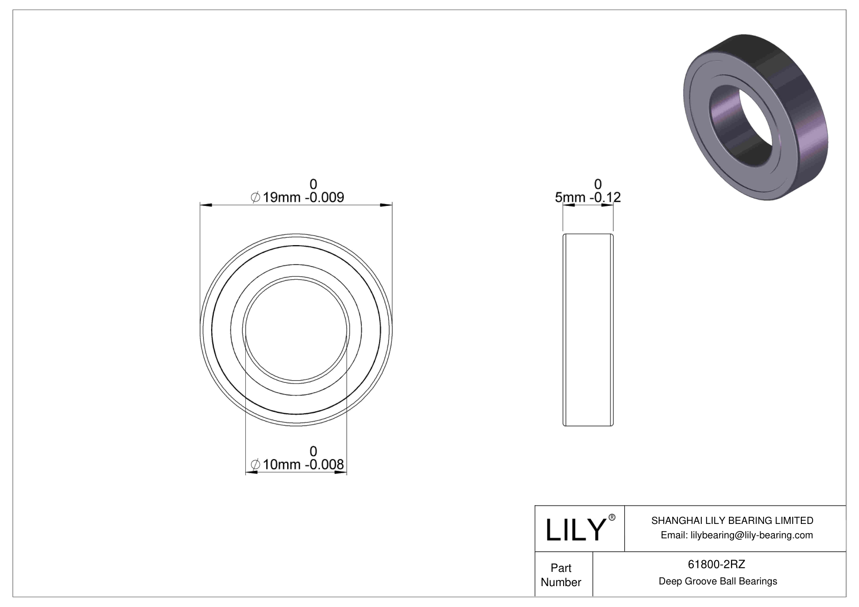 61800-2RZ Thin Section Ball Bearings (61800, 61900) cad drawing