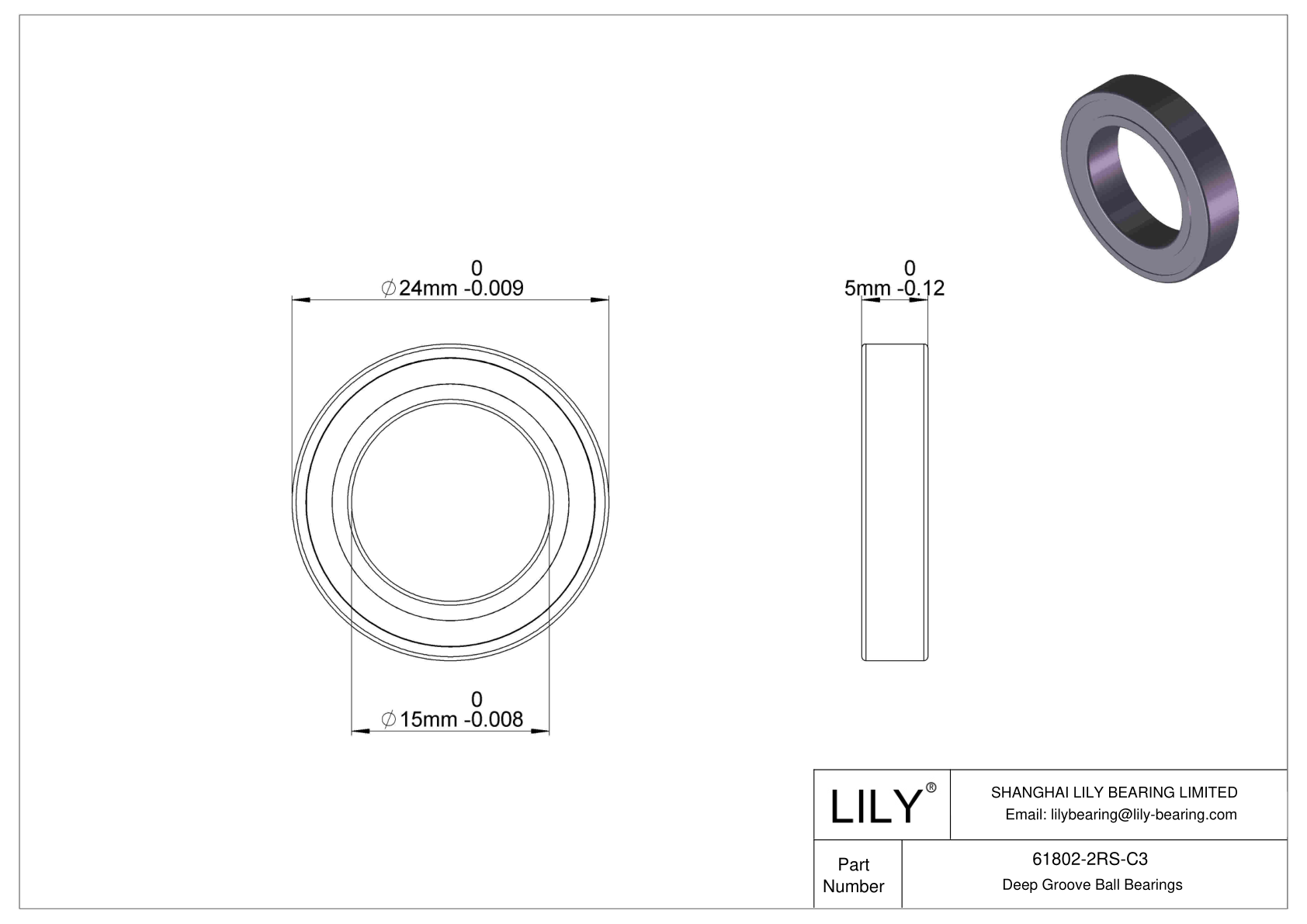 61802-2RS-C3 Thin Section Ball Bearings (61800, 61900) cad drawing