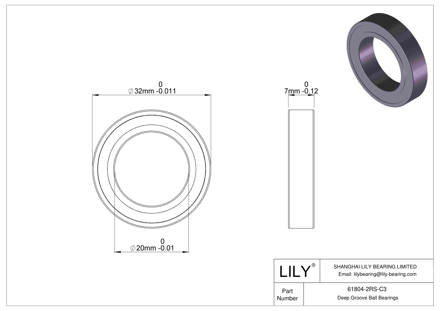 61804-2RS-C3 Thin Section Ball Bearings (61800, 61900) cad drawing