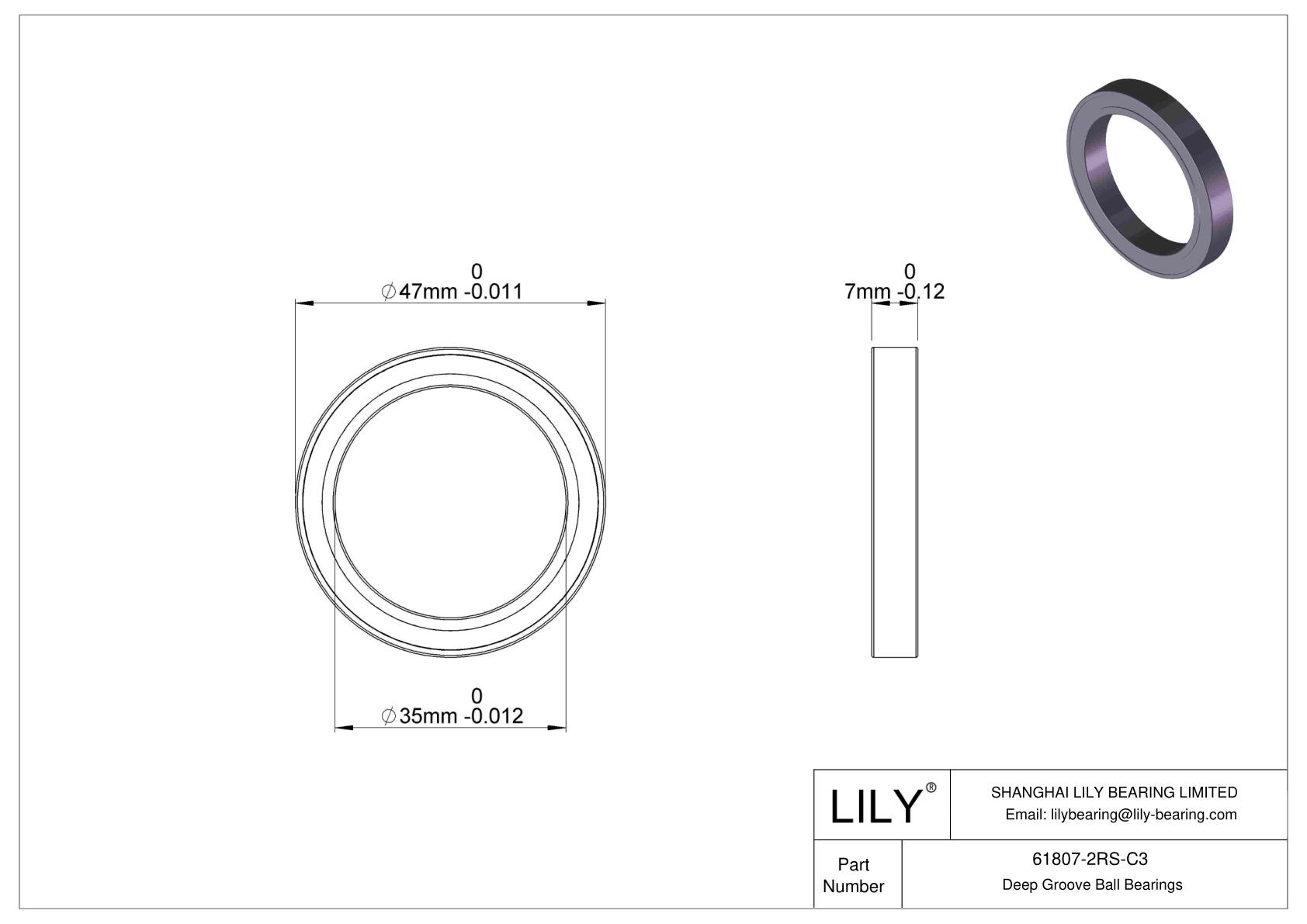 61807-2RS-C3 Thin Section Ball Bearings (61800, 61900) cad drawing