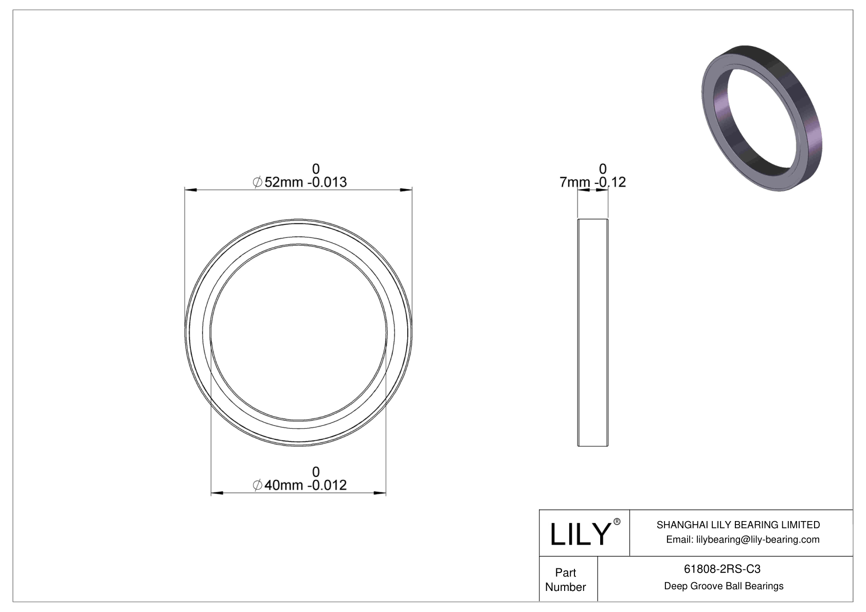 61808-2RS-C3 Thin Section Ball Bearings (61800, 61900) cad drawing