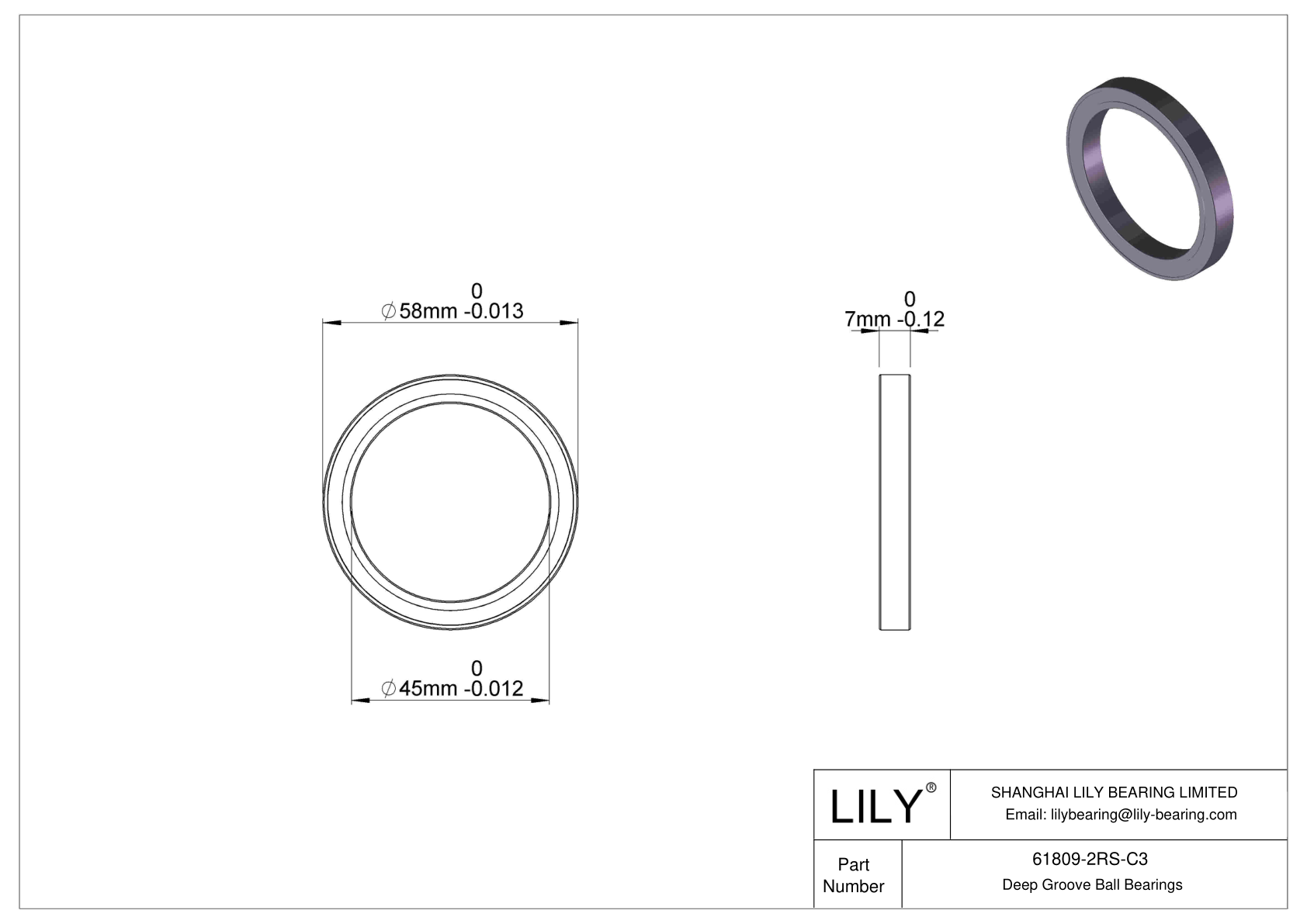 61809-2RS-C3 Thin Section Ball Bearings (61800, 61900) cad drawing