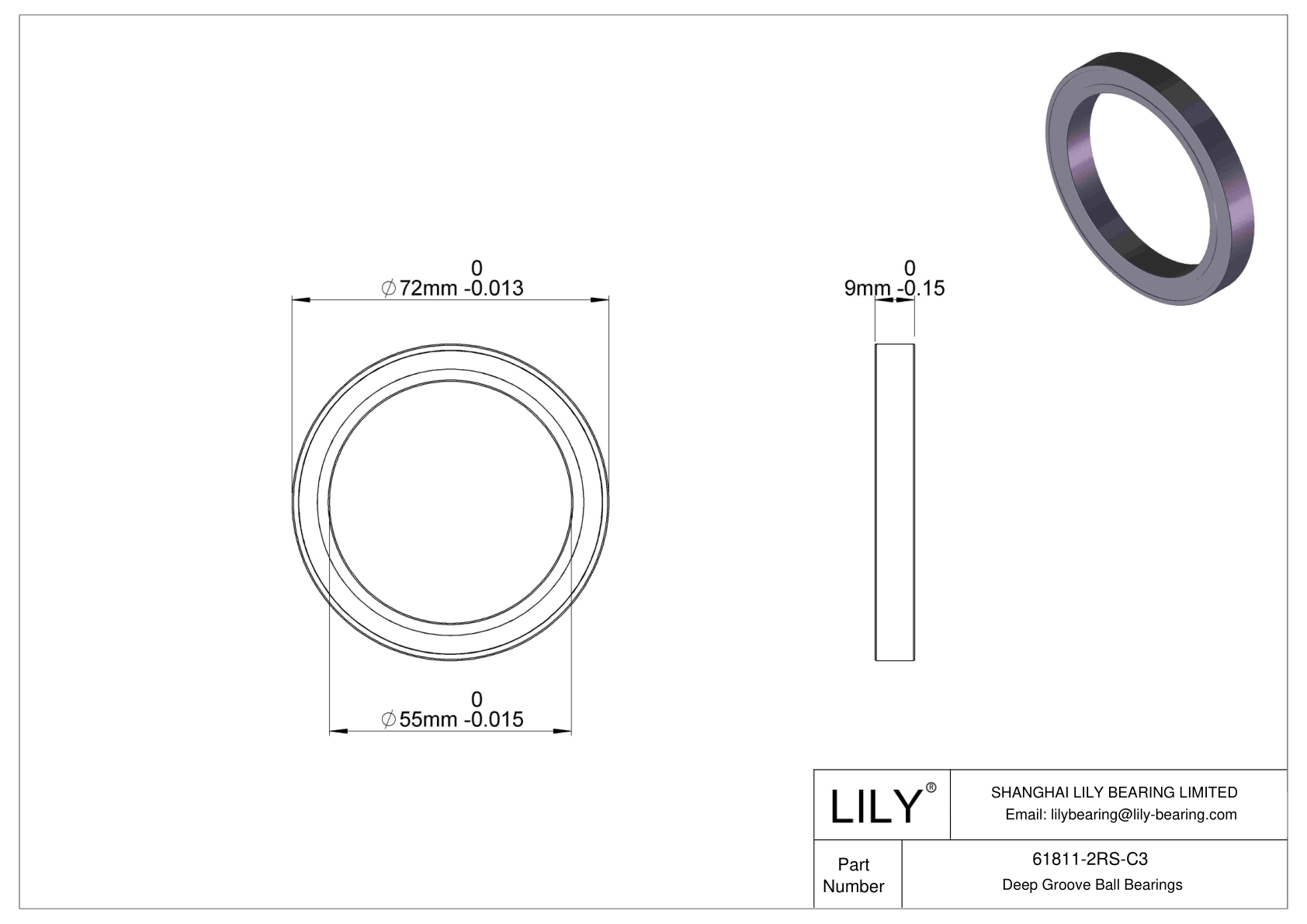 61811-2RS-C3 Thin Section Ball Bearings (61800, 61900) cad drawing