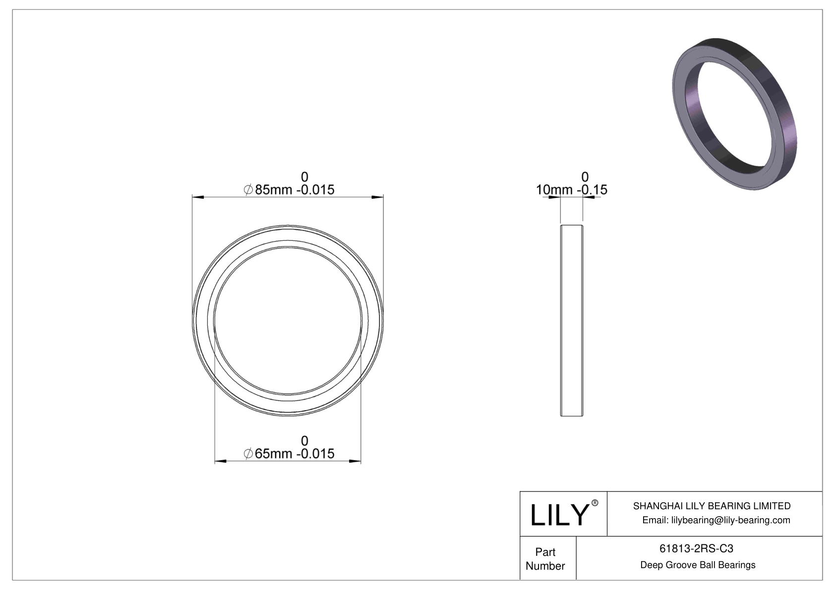 61813-2RS-C3 Thin Section Ball Bearings (61800, 61900) cad drawing