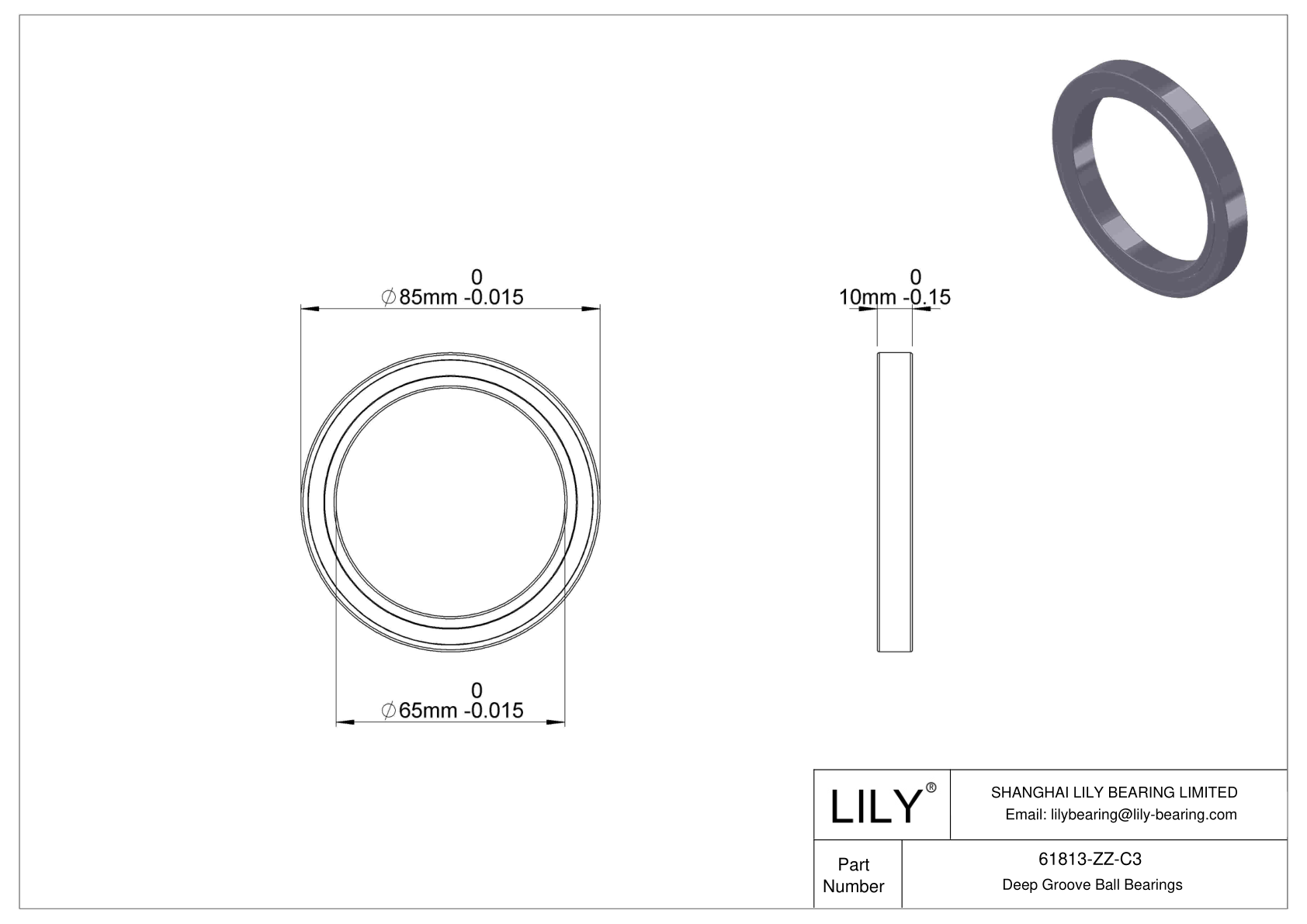 61813-ZZ-C3 Thin Section Ball Bearings (61800, 61900) cad drawing