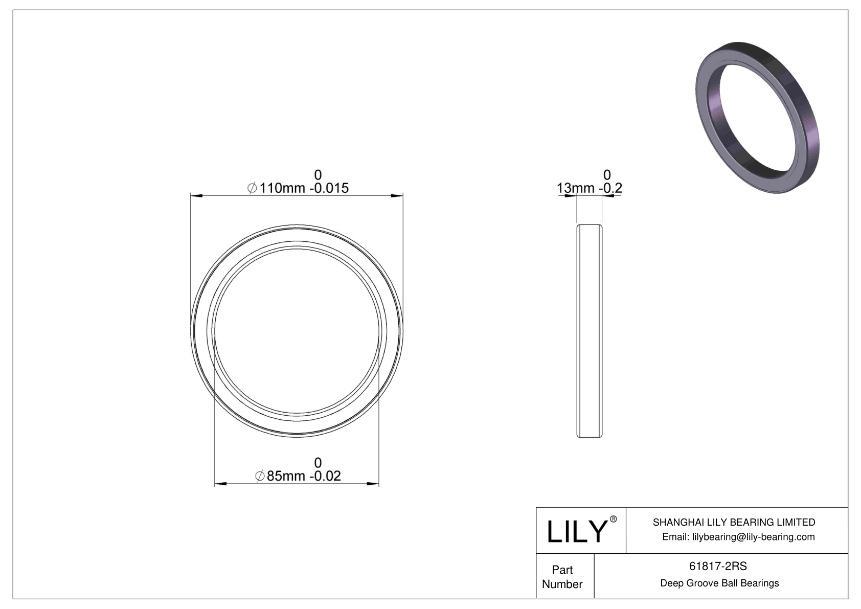 61817-2RS Thin Section Ball Bearings (61800, 61900) cad drawing