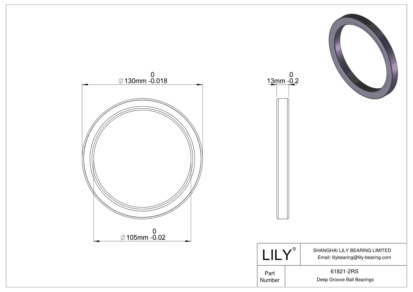 61821-2RS Thin Section Ball Bearings (61800, 61900) cad drawing