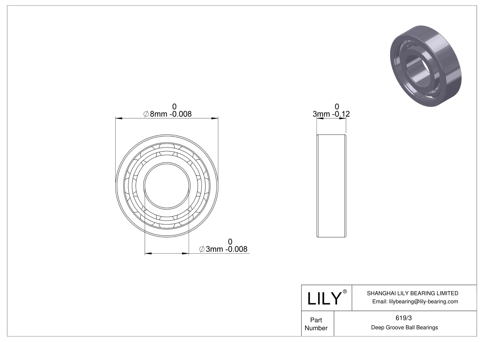 619/3 Miniature Ball Bearings (600, 610, 620, 630) cad drawing