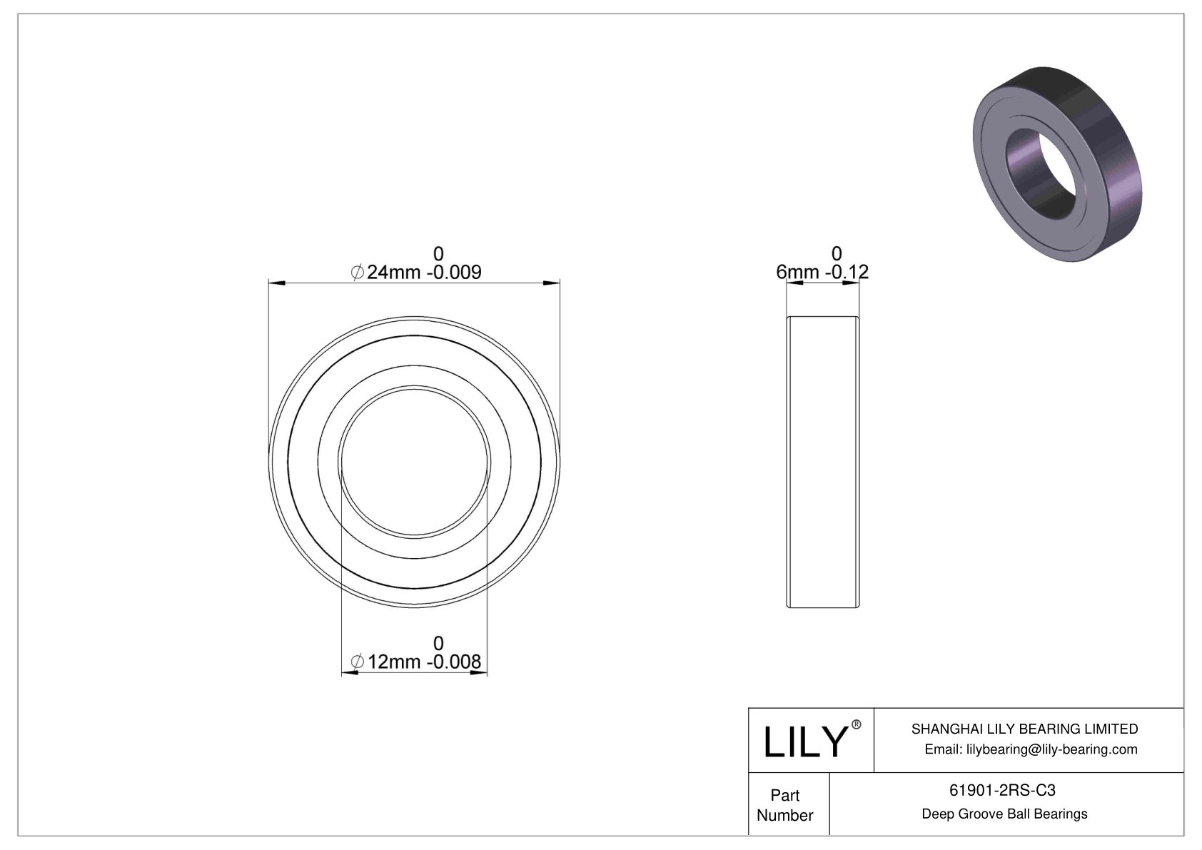 61901-2RS-C3 Thin Section Ball Bearings (61800, 61900) cad drawing