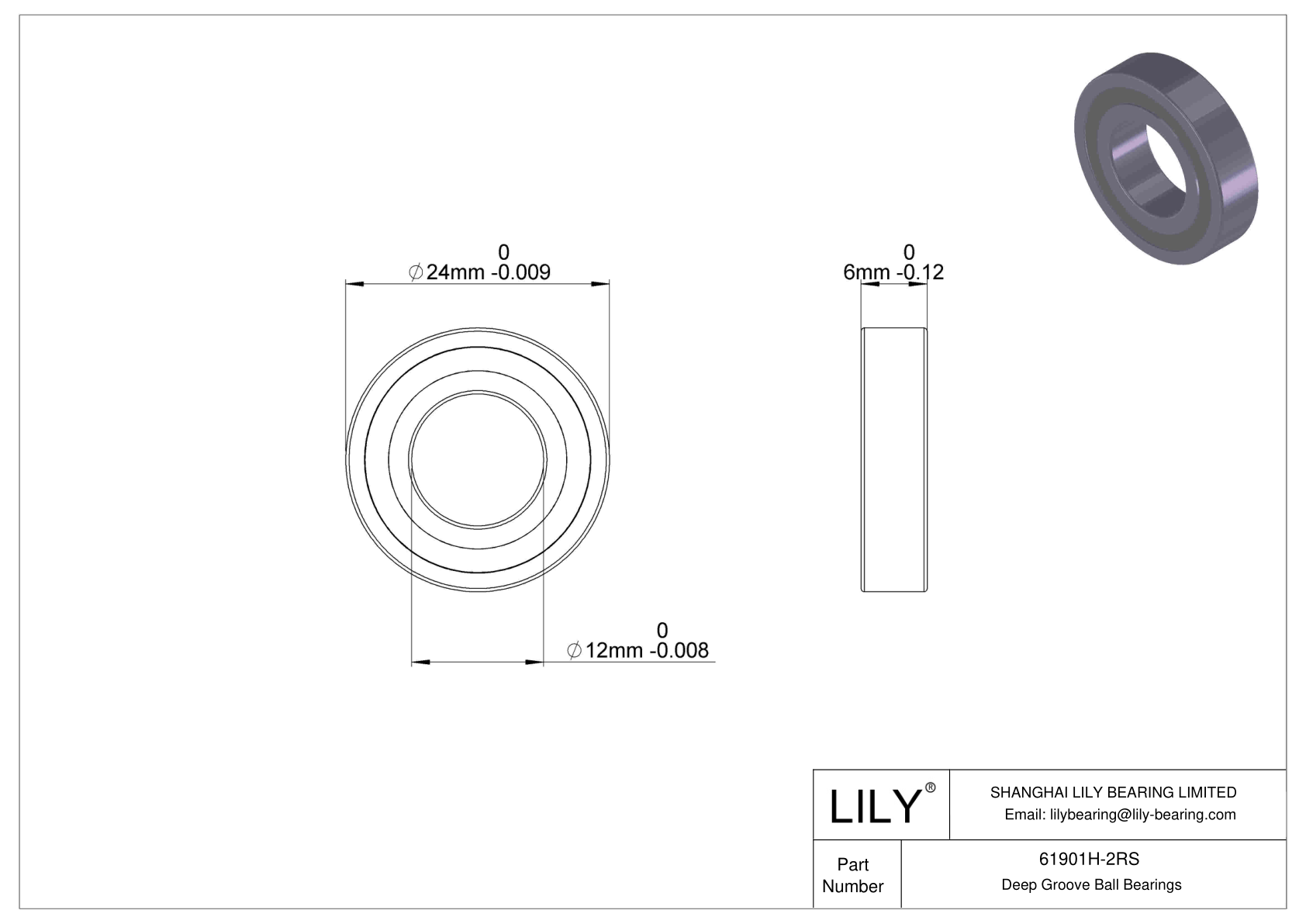 61901H-2RS Corrosion Resistant Deep Groove Ball Bearings cad drawing