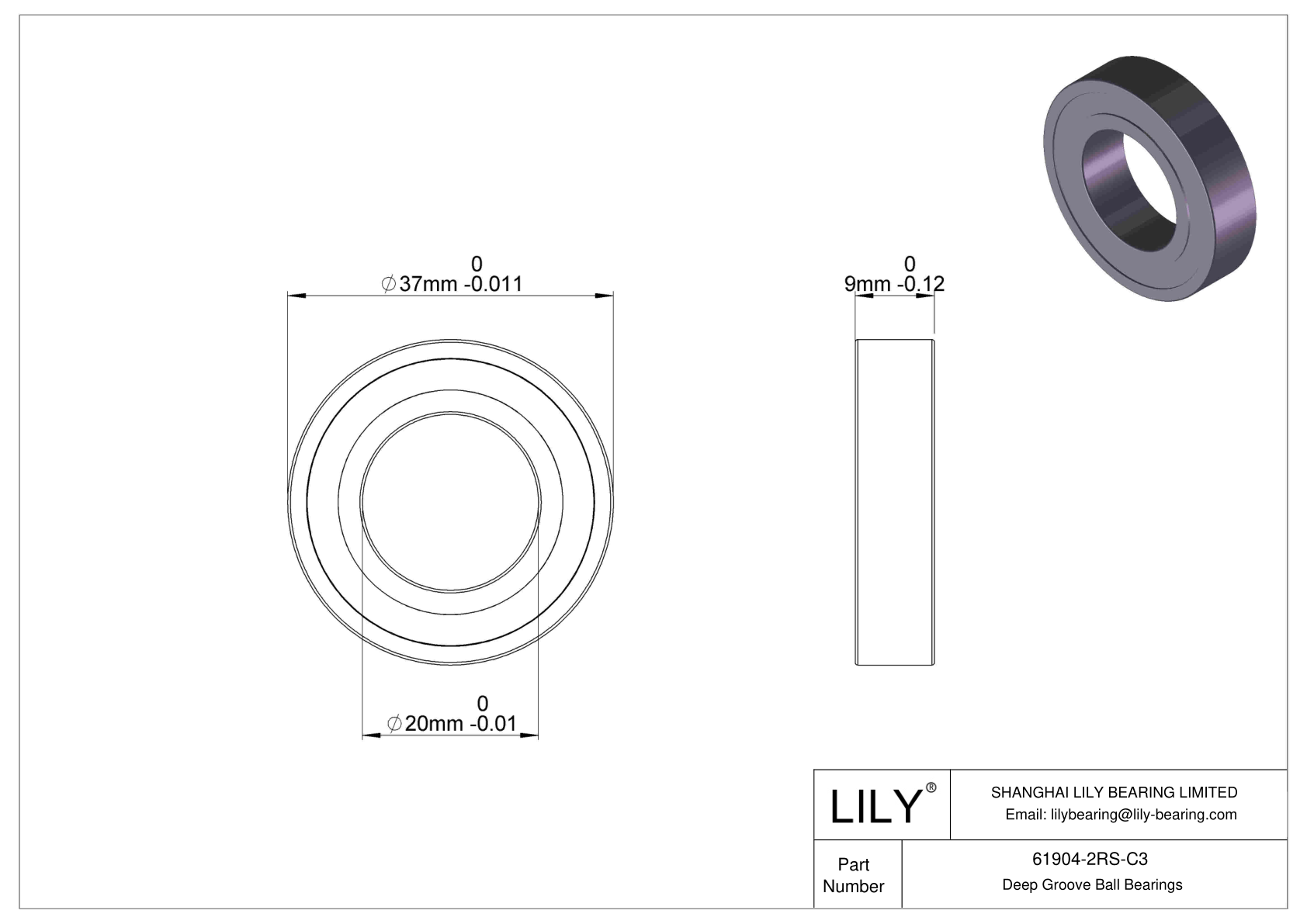 61904-2RS-C3 Thin Section Ball Bearings (61800, 61900) cad drawing