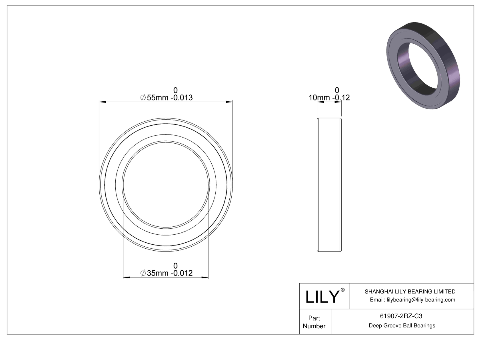 61907-2RZ-C3 Thin Section Ball Bearings (61800, 61900) cad drawing