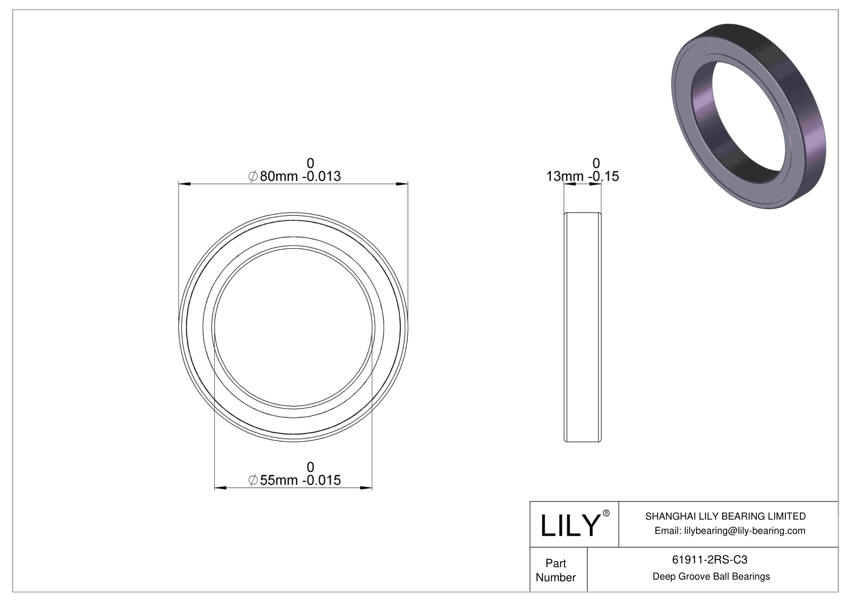 61911-2RS-C3 Thin Section Ball Bearings (61800, 61900) cad drawing