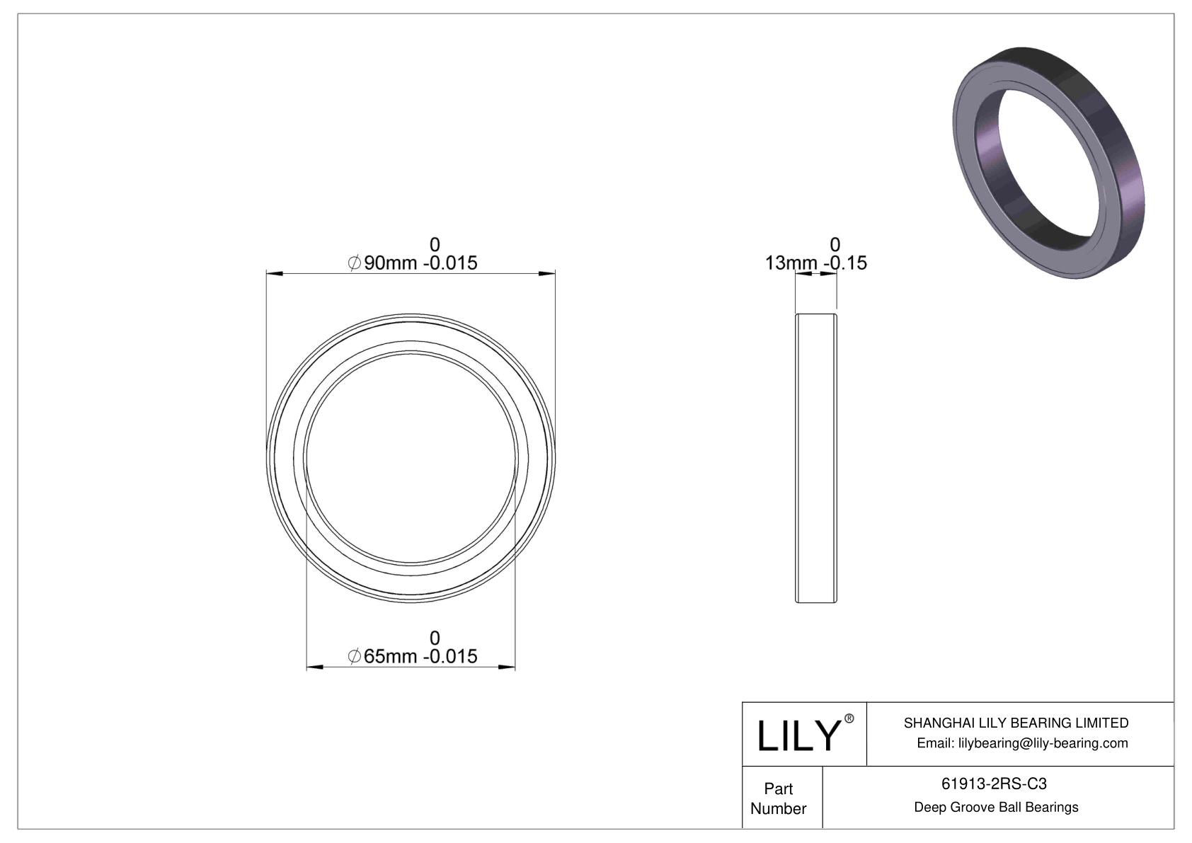 61913-2RS-C3 Thin Section Ball Bearings (61800, 61900) cad drawing