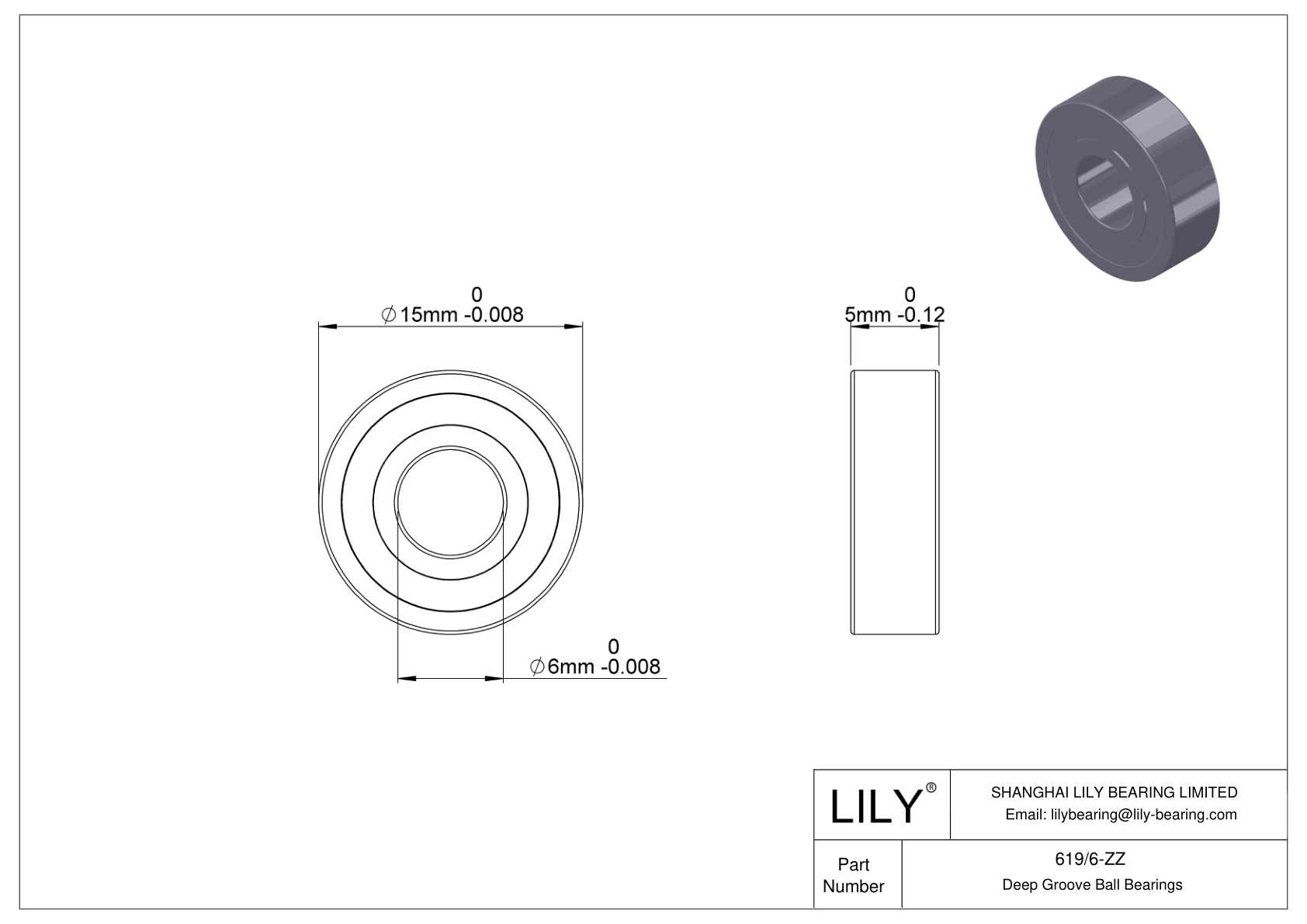 619/6-ZZ Miniature Ball Bearings (600, 610, 620, 630) cad drawing