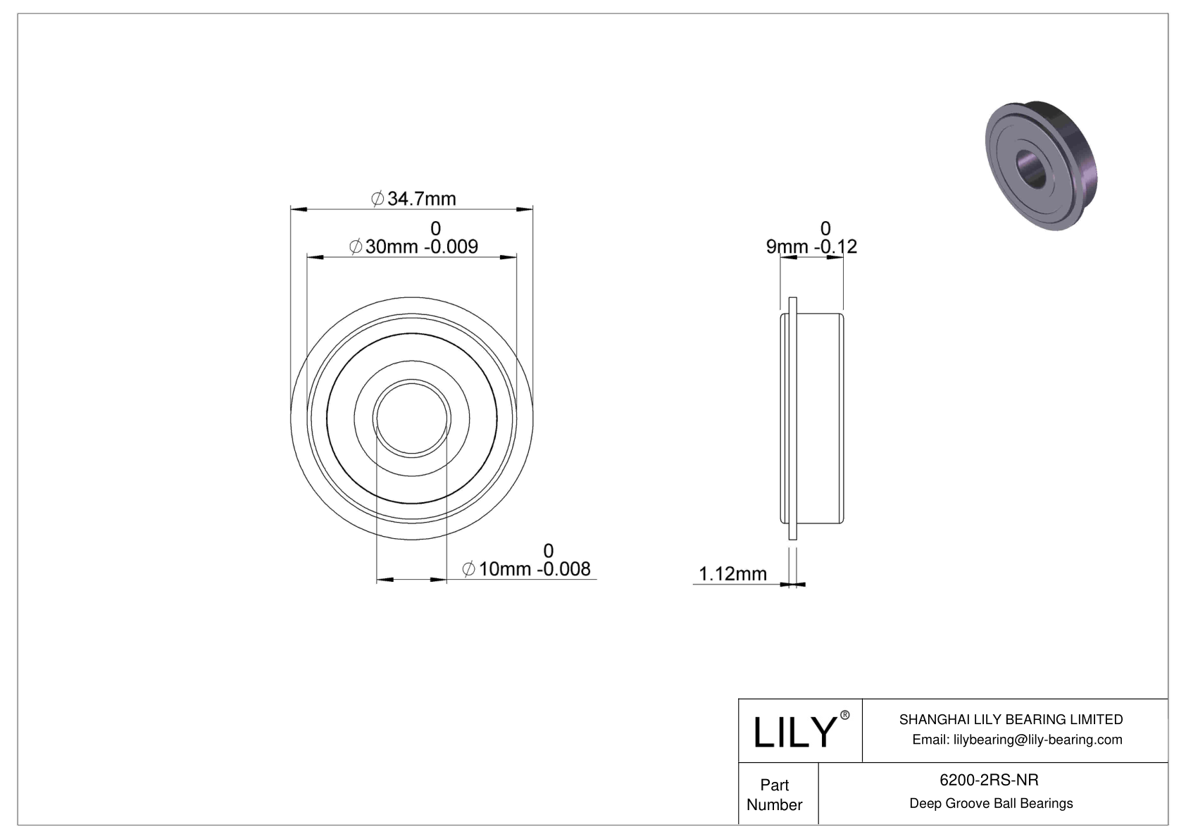 6200-2RS-NR Deep Groove Ball Bearings (6000, 6200, 6300, 6400) cad drawing