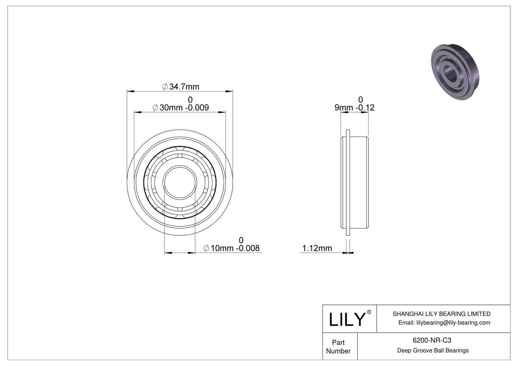 6200-NR-C3 Deep Groove Ball Bearings (6000, 6200, 6300, 6400) cad drawing