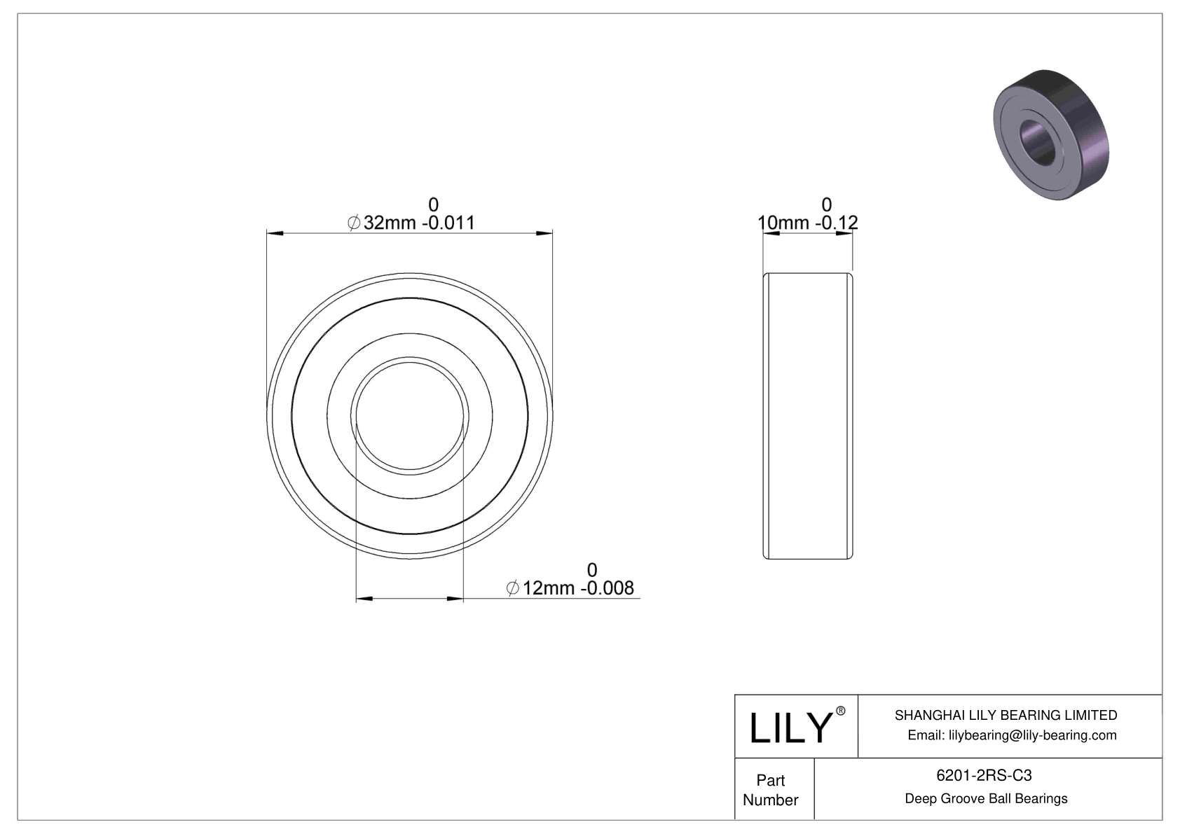 6201-2RS-C3 Deep Groove Ball Bearings (6000, 6200, 6300, 6400) cad drawing