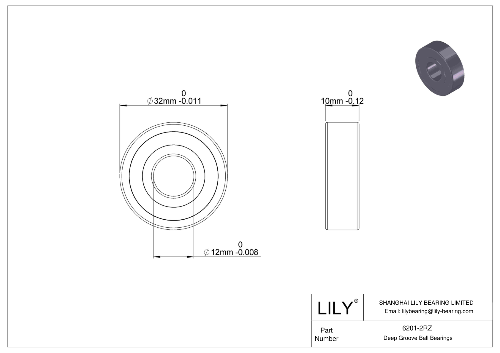 6201-2RZ Deep Groove Ball Bearings (6000, 6200, 6300, 6400) cad drawing