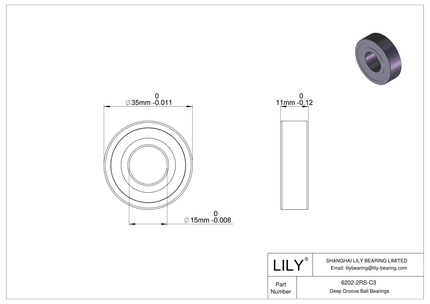 6202-2RS-C3 Deep Groove Ball Bearings (6000, 6200, 6300, 6400) cad drawing