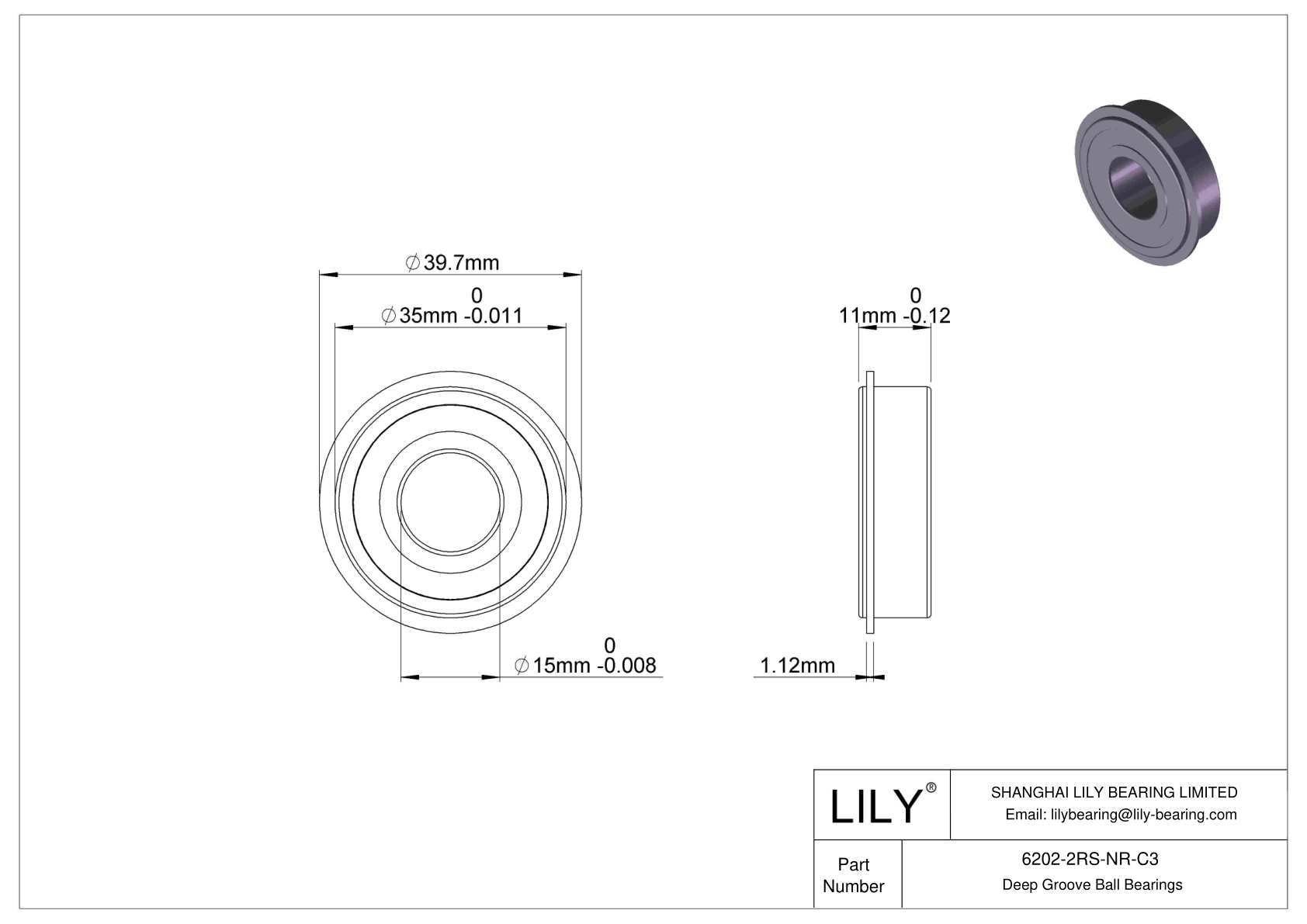 6202-2RS-NR-C3 Deep Groove Ball Bearings (6000, 6200, 6300, 6400) cad drawing