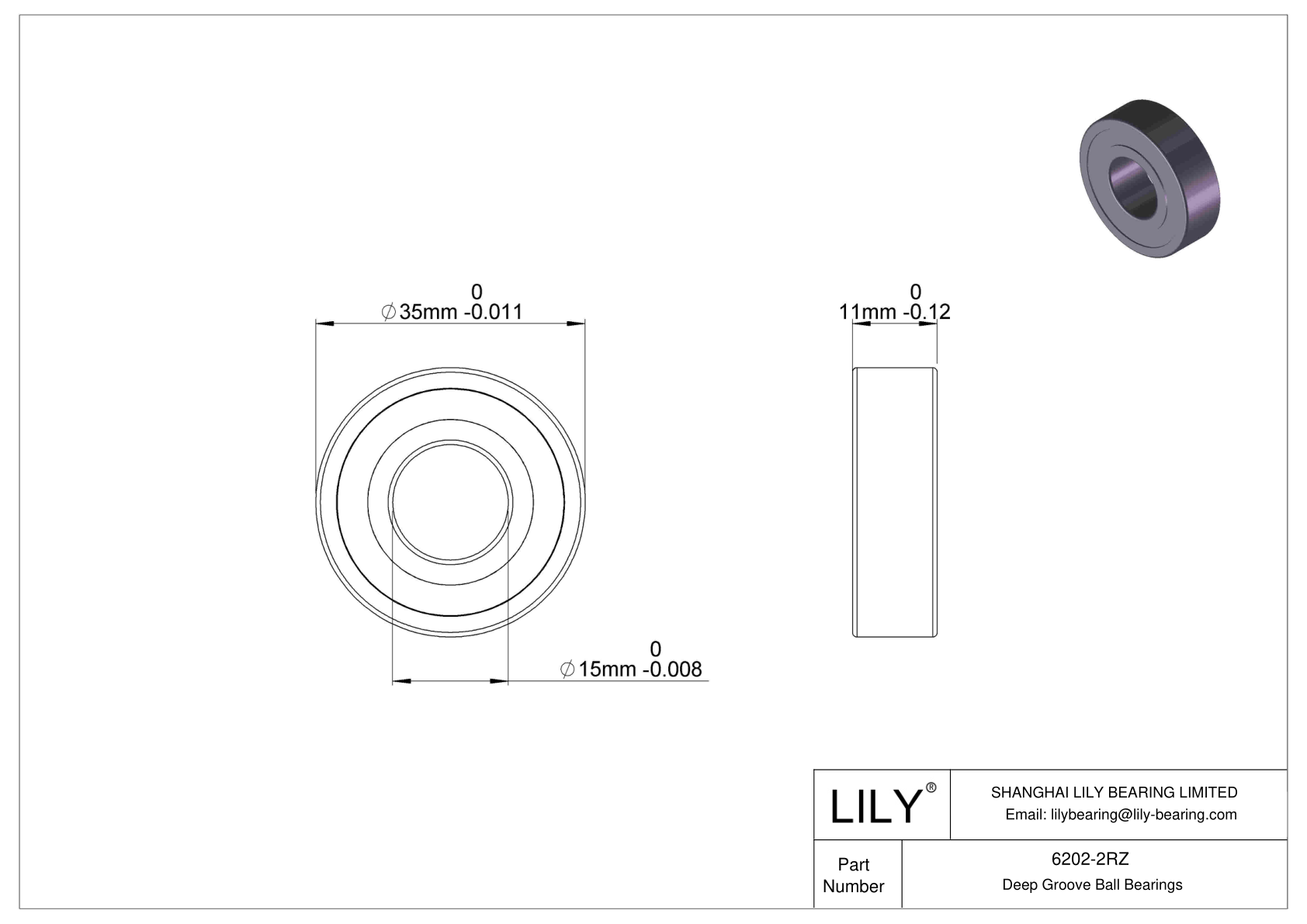 6202-2RZ Deep Groove Ball Bearings (6000, 6200, 6300, 6400) cad drawing