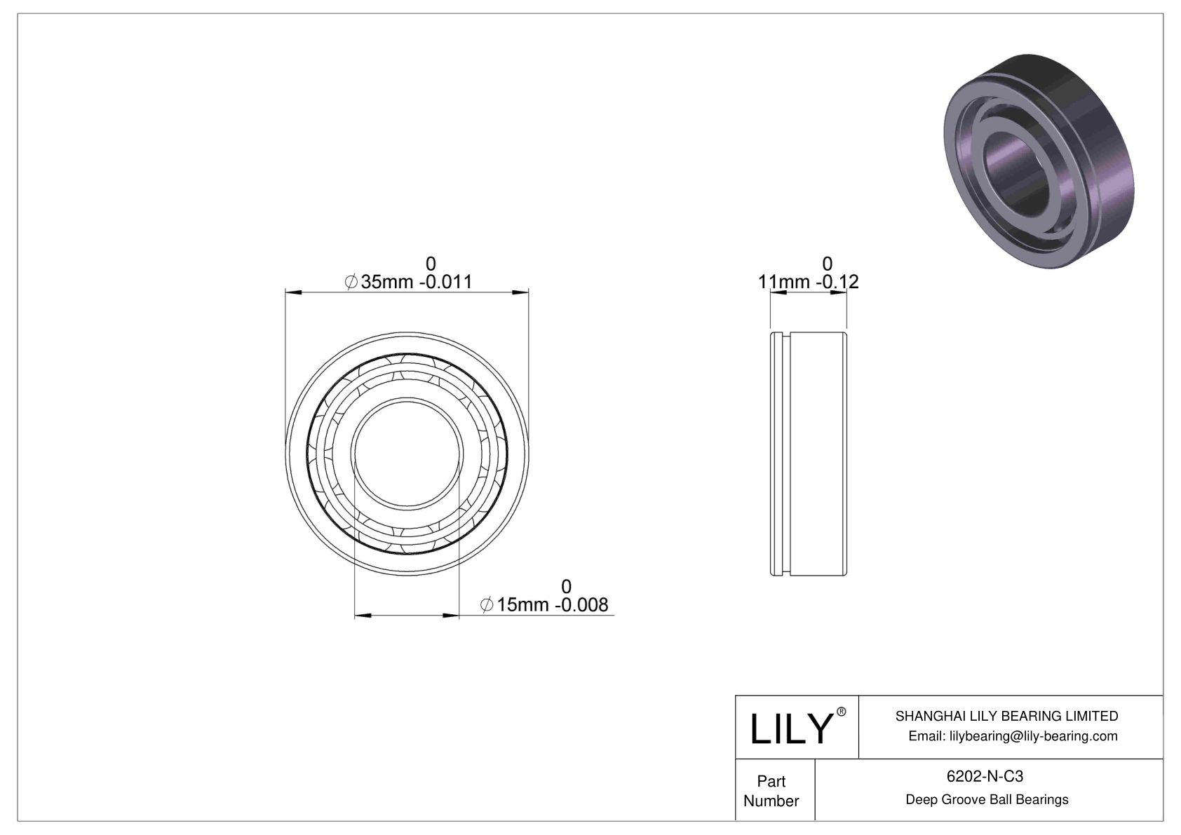 6202-N-C3 Deep Groove Ball Bearings (6000, 6200, 6300, 6400) cad drawing