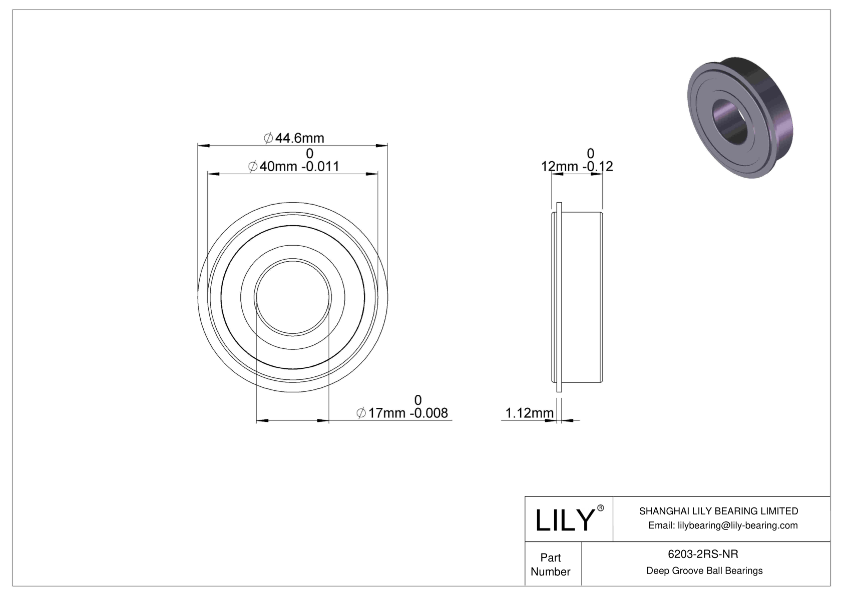 6203-2RS-NR Deep Groove Ball Bearings (6000, 6200, 6300, 6400) cad drawing